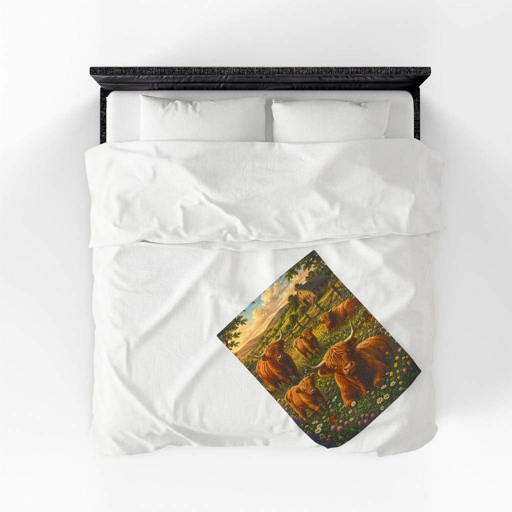 Highland Cattle Velveteen Plush Blanket — Cozy Farmhouse Throw with Highland Cow Family Design