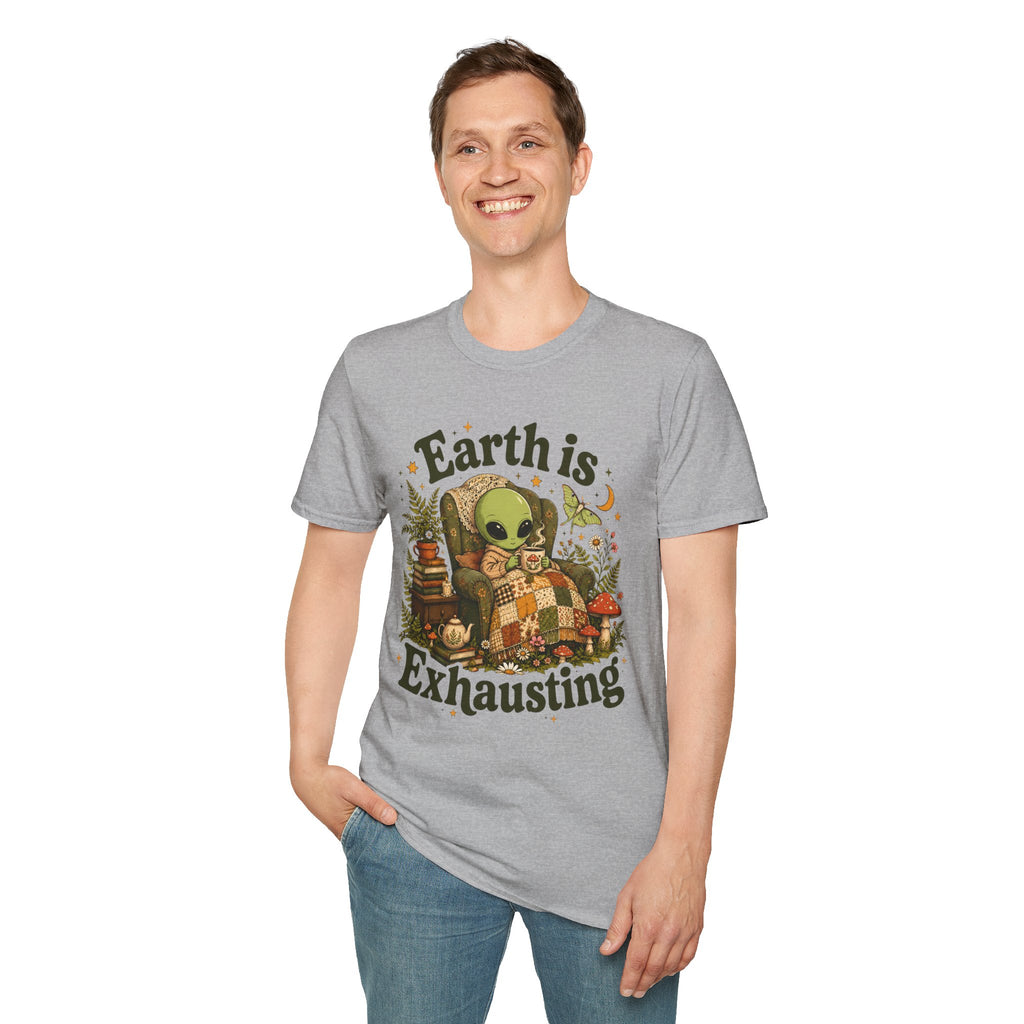 Earth Is Exhausting Alien T-Shirt — Cute Retro Cozy Space Graphic Tee