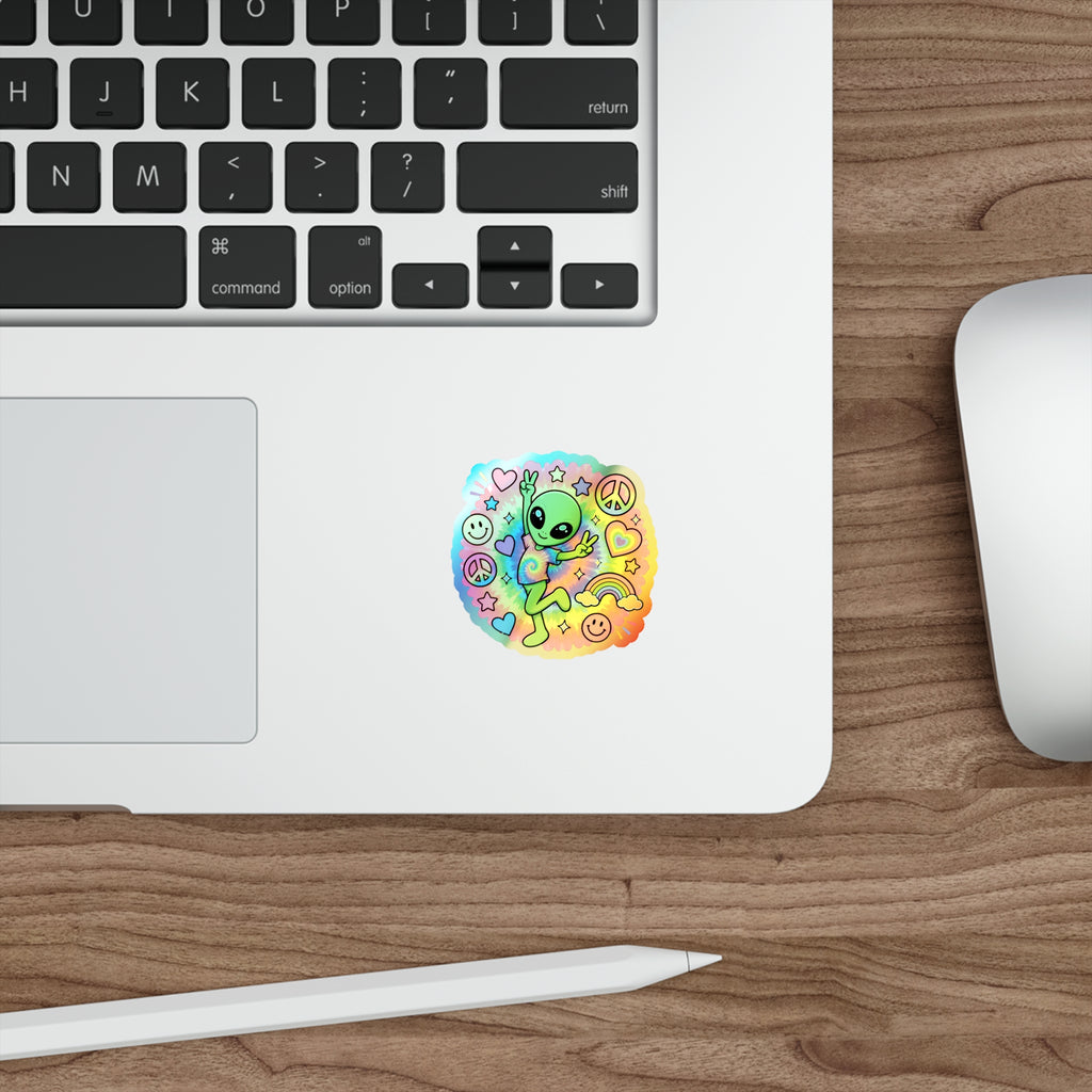 Holographic Alien Peace Sticker — Tie-Dye Vibe Die-Cut Sticker #06