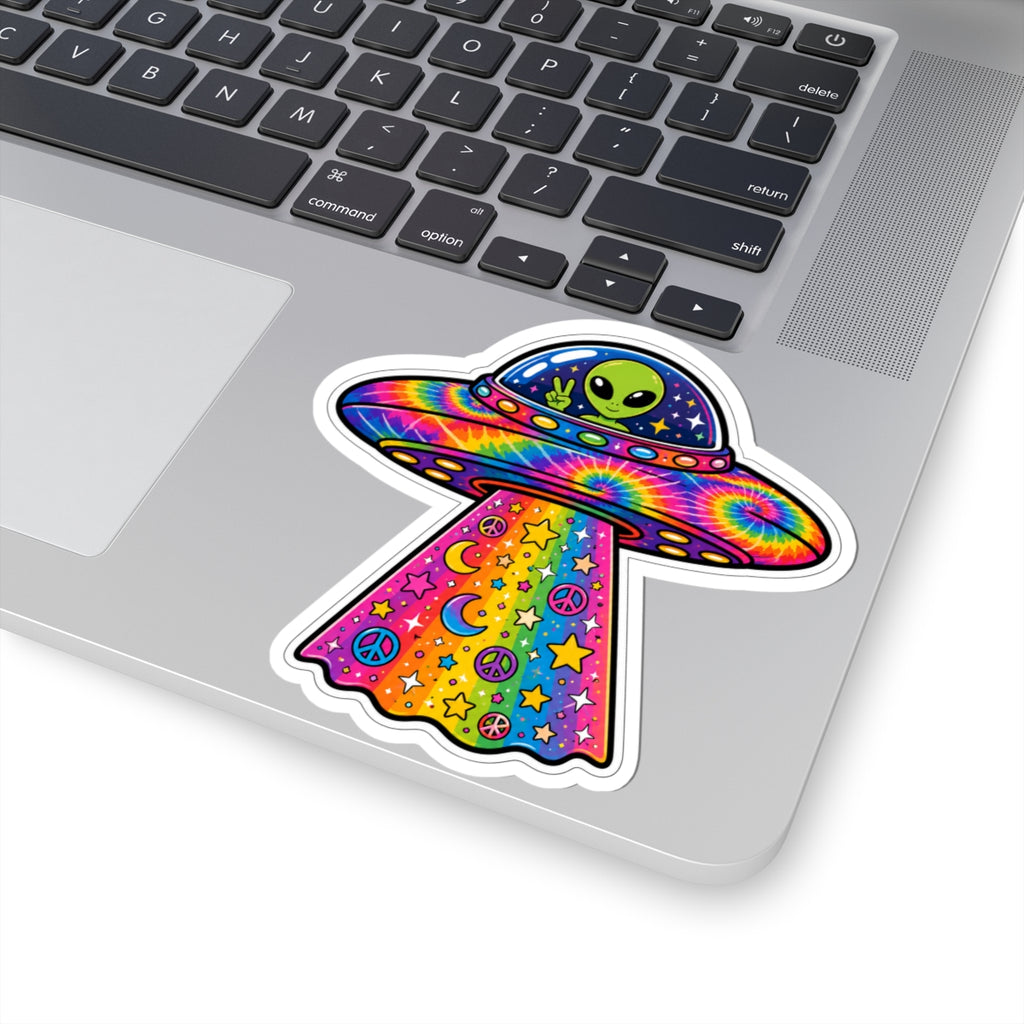 Psychedelic Alien UFO Sticker — Rainbow Tie-Dye Peace & Stars Kiss-Cut