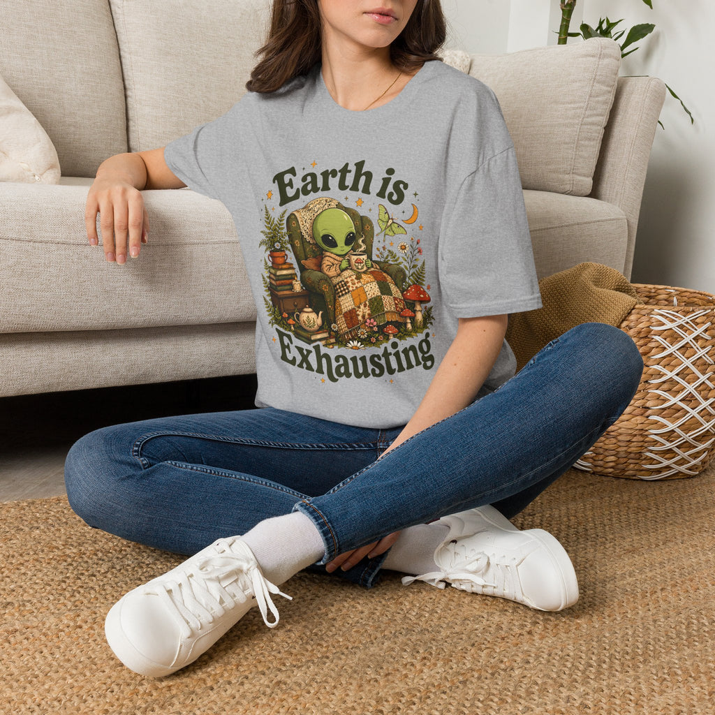 Earth Is Exhausting Alien T-Shirt — Cute Retro Cozy Space Graphic Tee