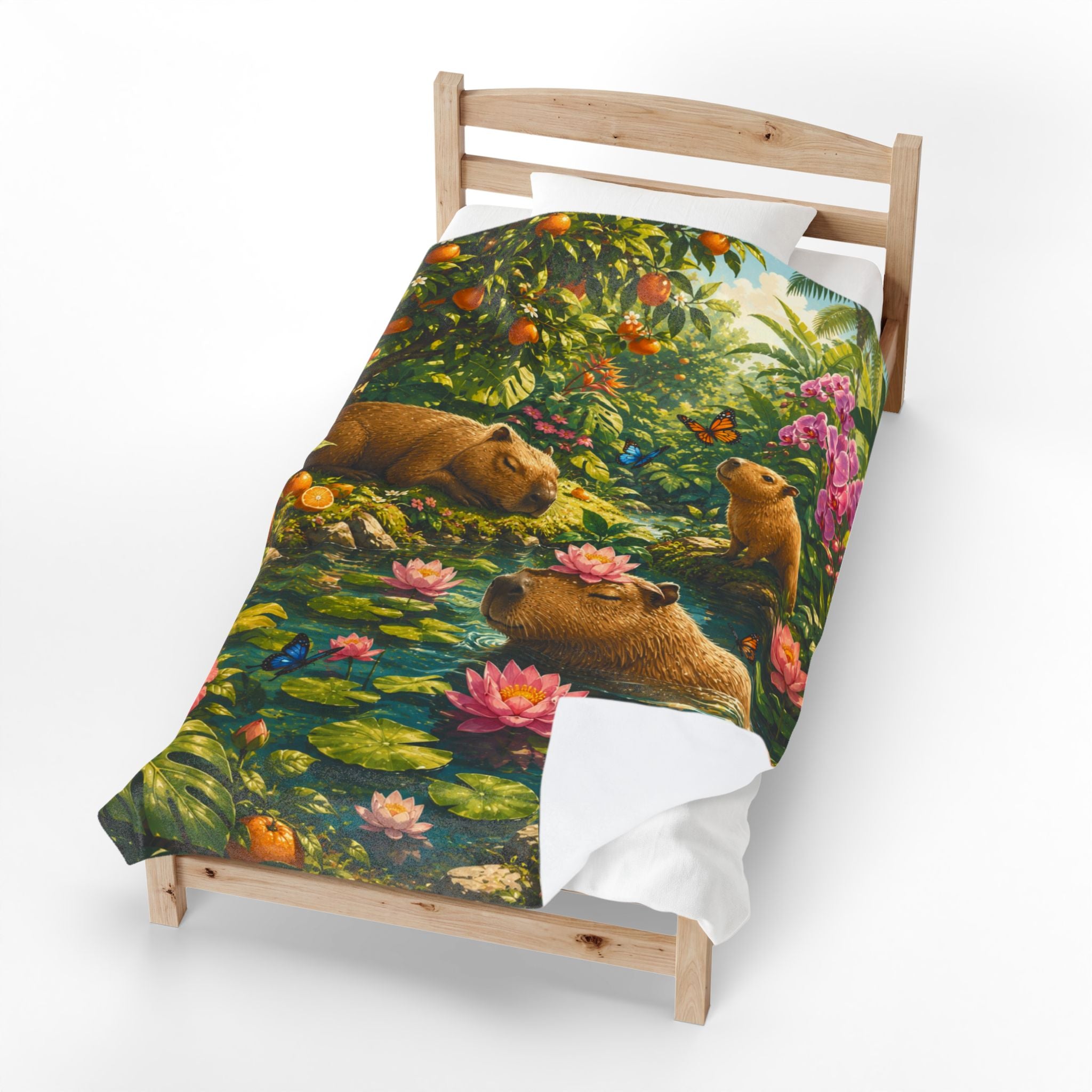 Capybara Garden Velveteen Plush Blanket — Tropical Floral Cozy Throw