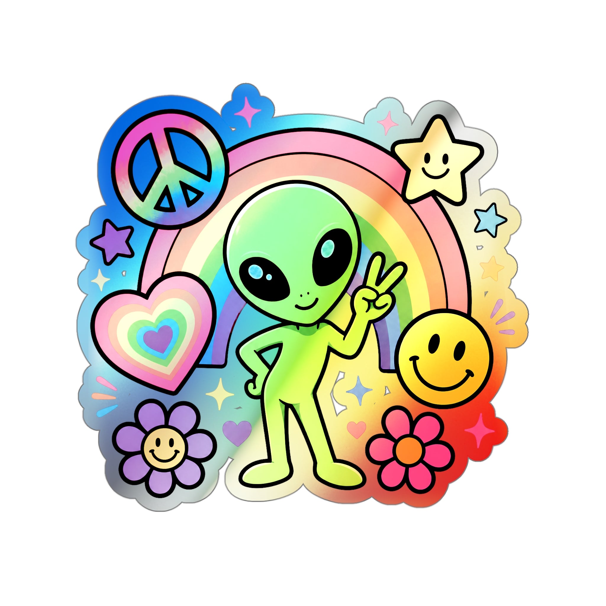 Holographic Alien Peace Sticker — Rainbow Psychedelic Die-Cut Sticker #03