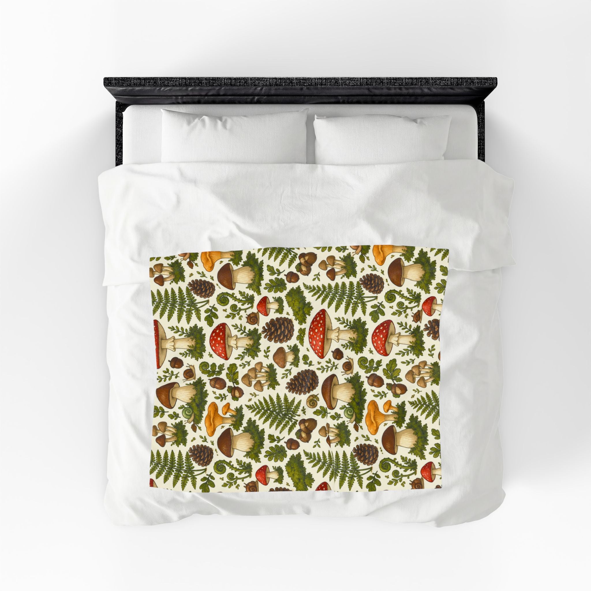 Mushroom Forest Velveteen Plush Blanket – Cozy Woodland Throw with Ferns & Pines