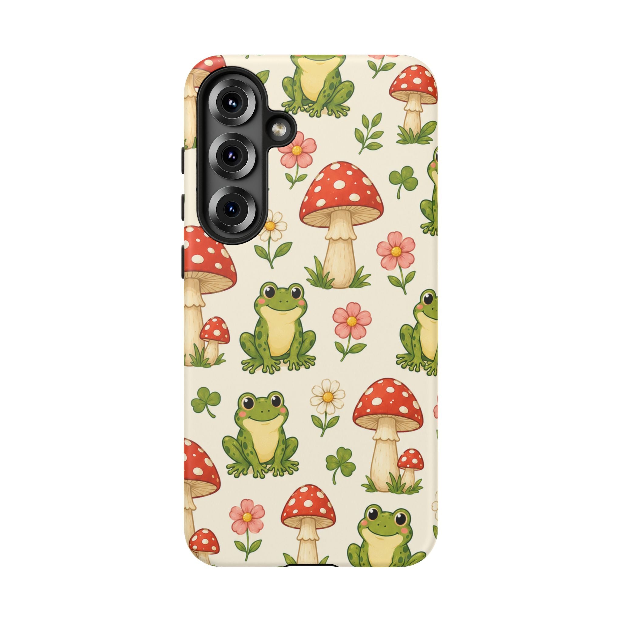 Kawaii Frog & Red Capped Mushroom Phone Case – Cute Nature Pattern Protective Cover