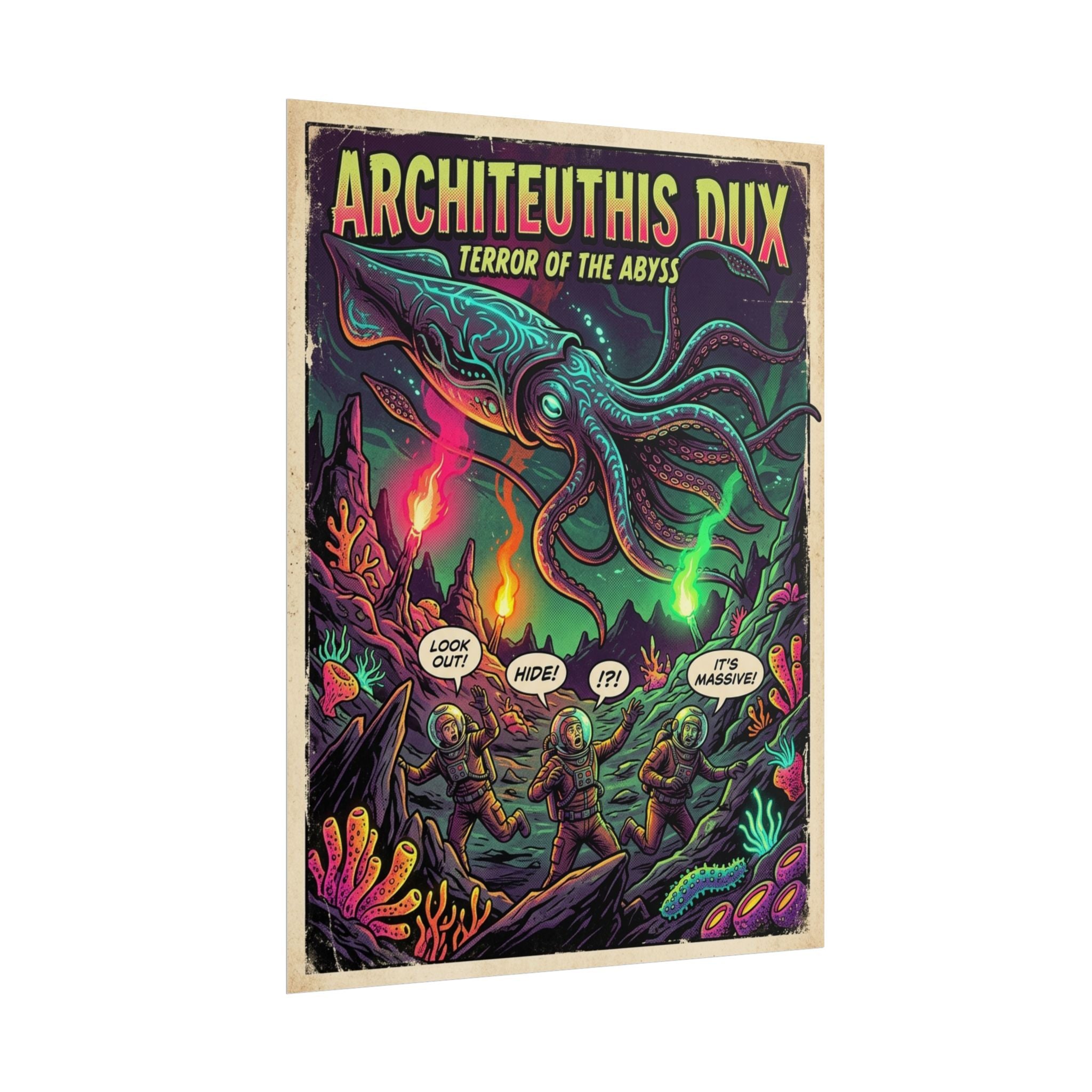 Architeuthis Dux 'Terror of the Abyss' Retro Sci‑Fi Poster — Deep Sea Kraken Neon Pop Art Print