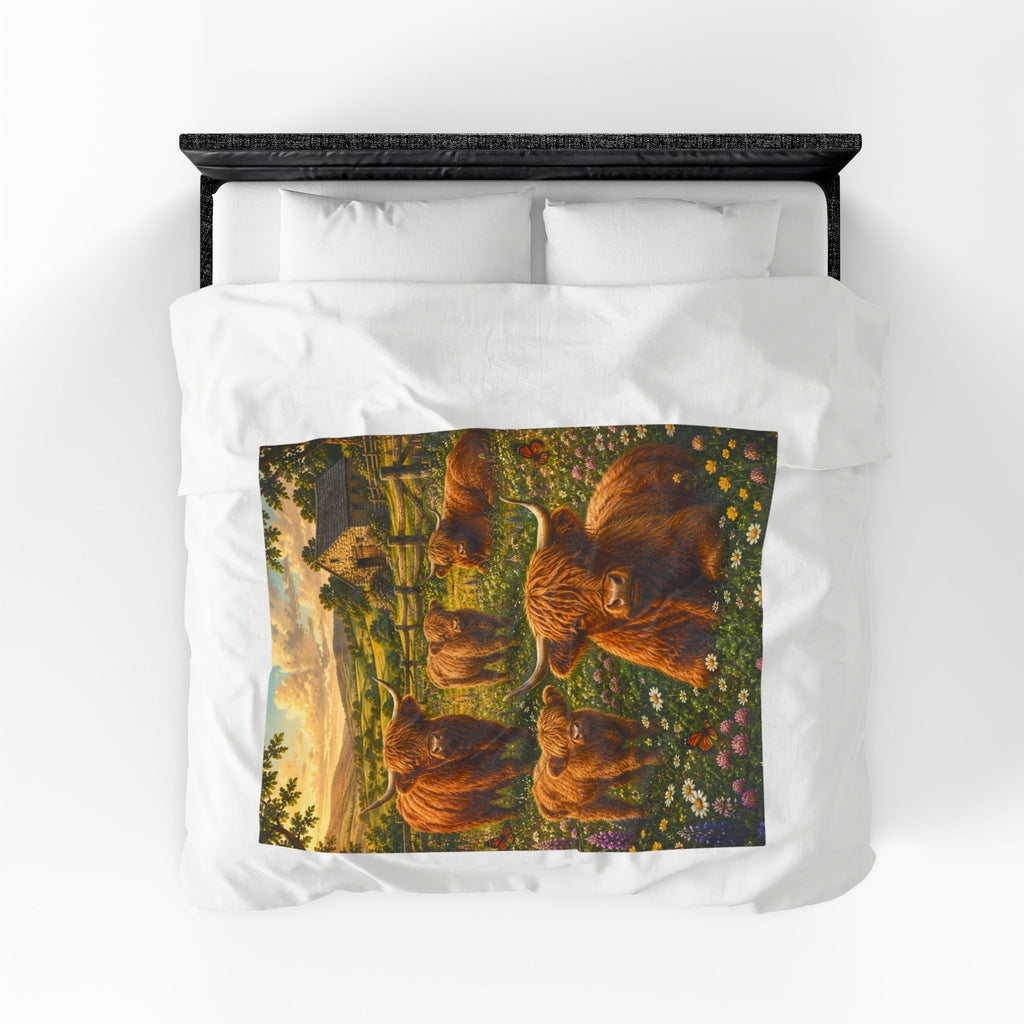 Highland Cattle Velveteen Plush Blanket — Cozy Farmhouse Throw with Highland Cow Family Design