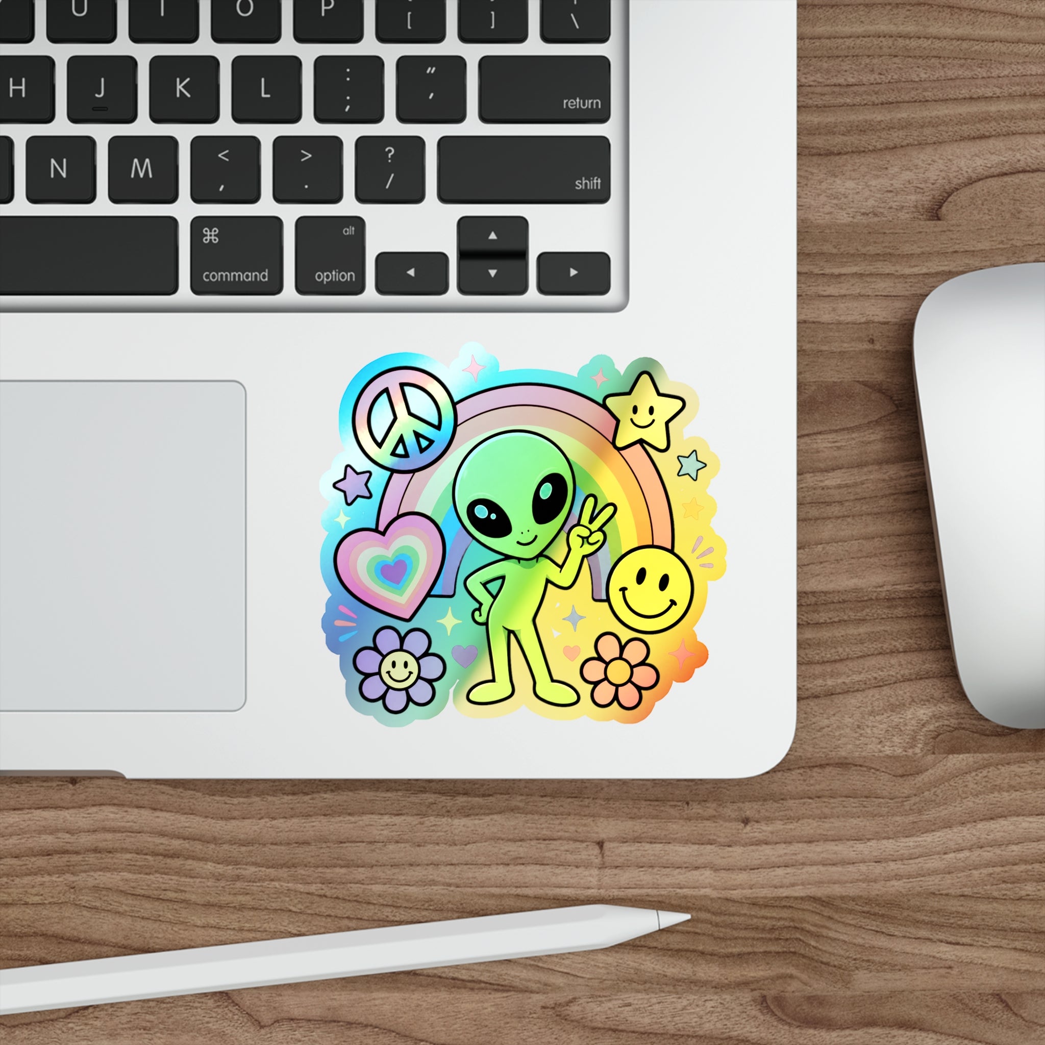 Holographic Alien Peace Sticker — Rainbow Psychedelic Die-Cut Sticker #03