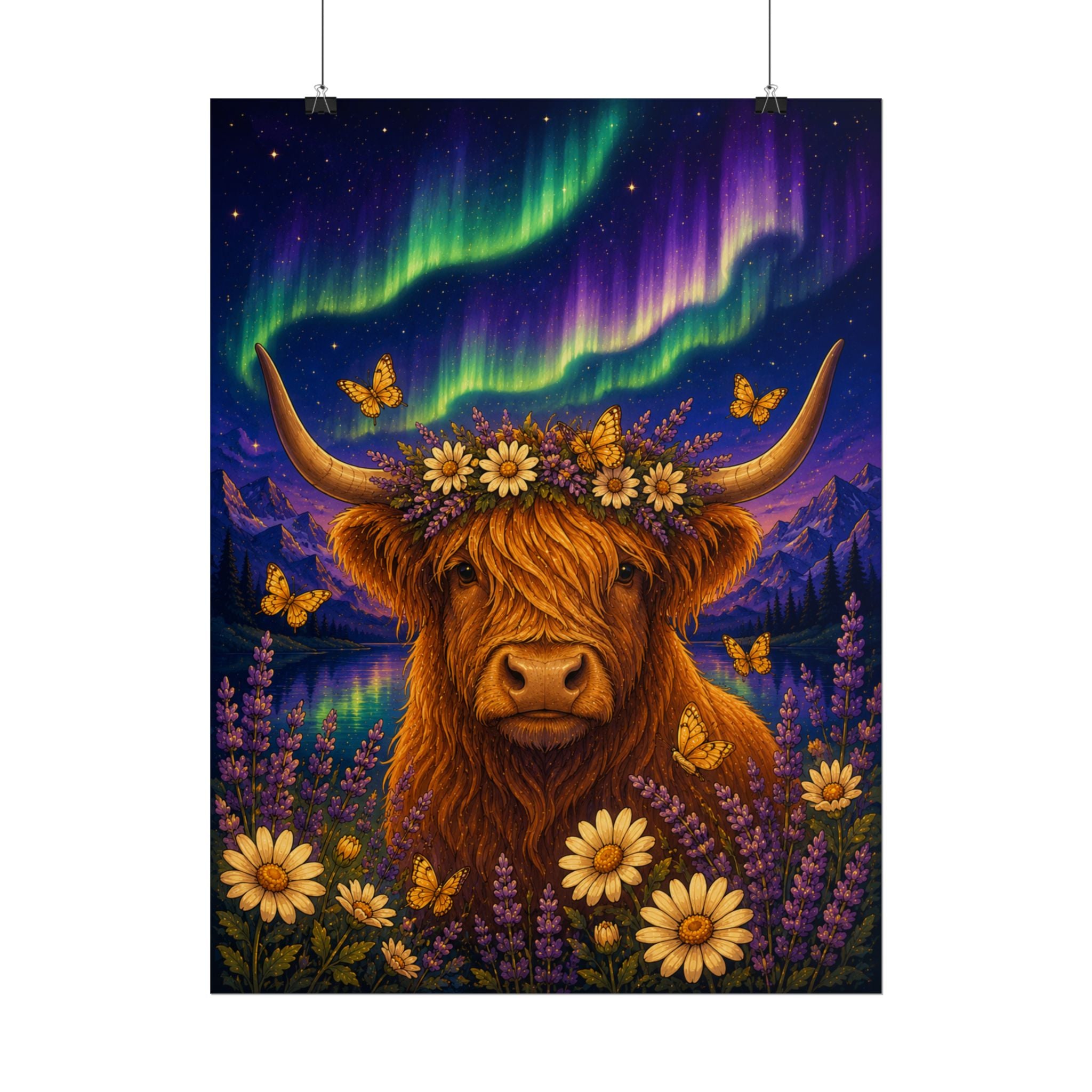 Highland Cow Aurora Sky Poster — Floral Highland Cattle Wall Art