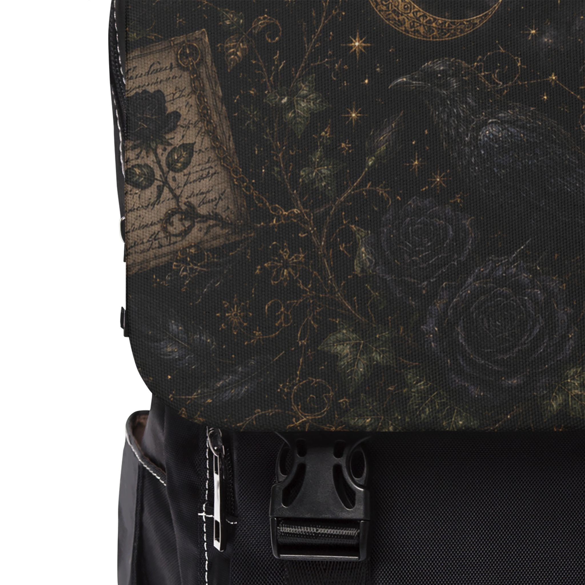 Celestial Gothic Canvas Shoulder Backpack — Moon, Candles & Raven Flap Pack
