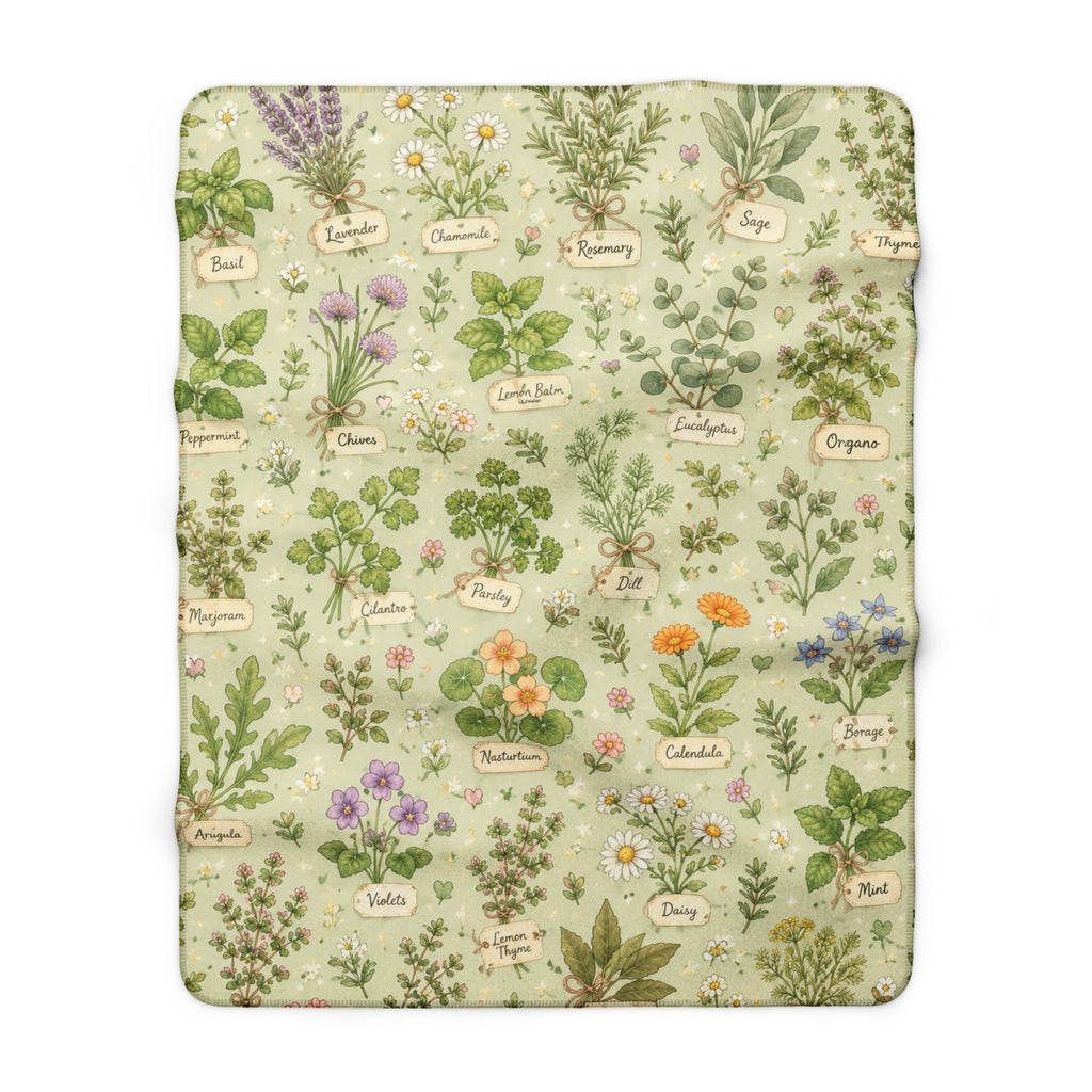 Pastel Herbal Garden Sherpa Blanket — Botanical Labeled Herbs Fleece Throw