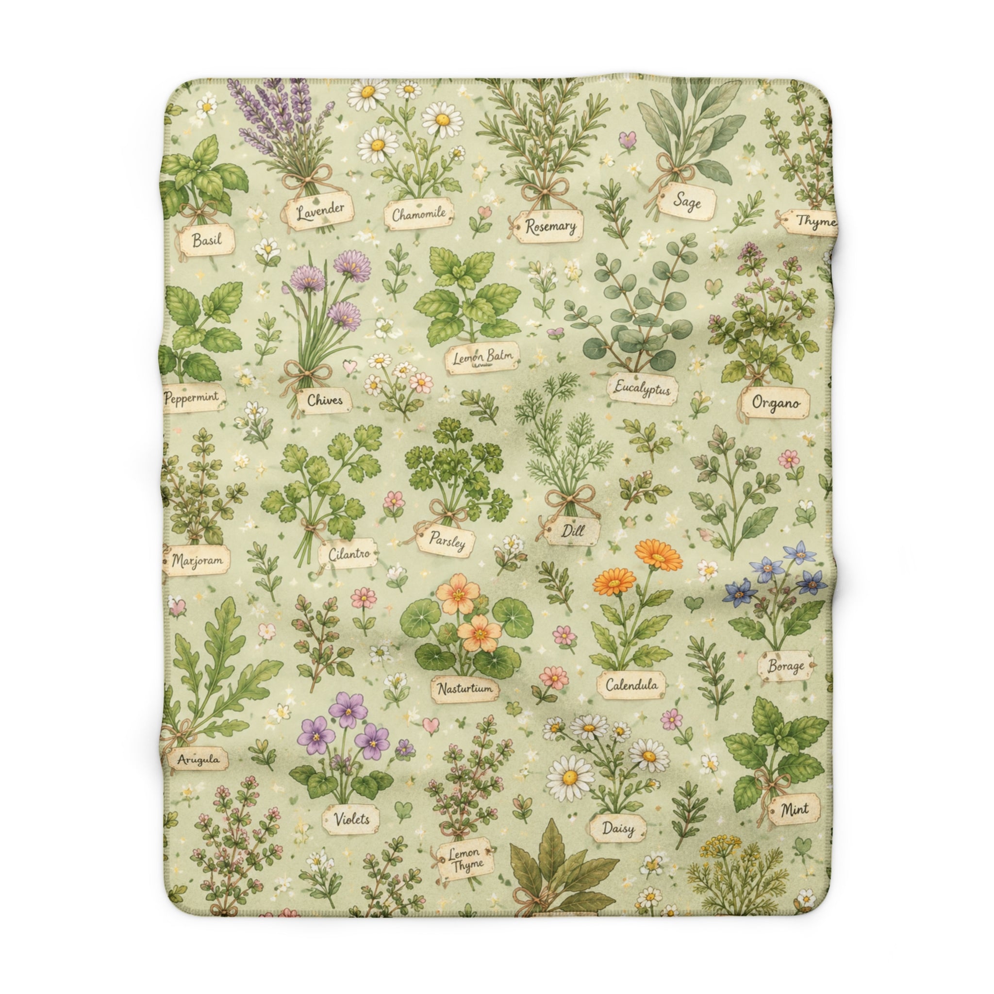 Pastel Herbal Garden Sherpa Blanket — Botanical Labeled Herbs Fleece Throw