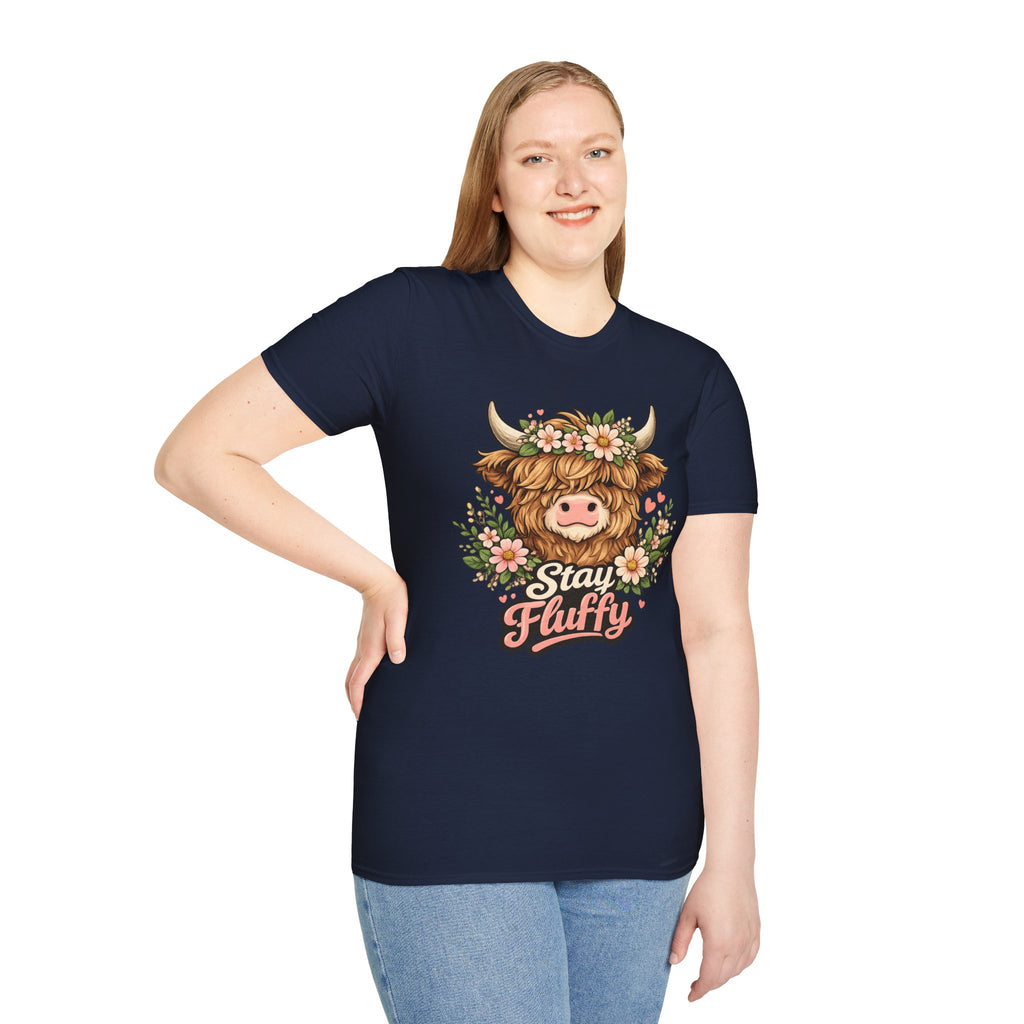 Highland Cow "Stay Fluffy" T-Shirt — Floral Highland Cattle Graphic Tee