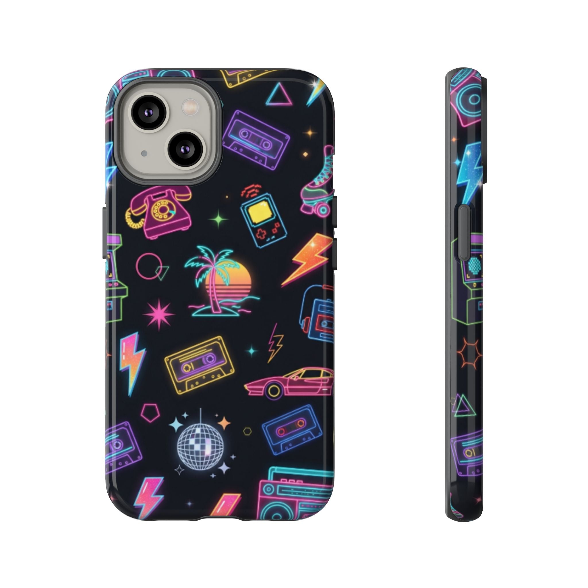 Retro Neon 80s Phone Case — Cassette, Roller Skate & Palm Tree Pattern