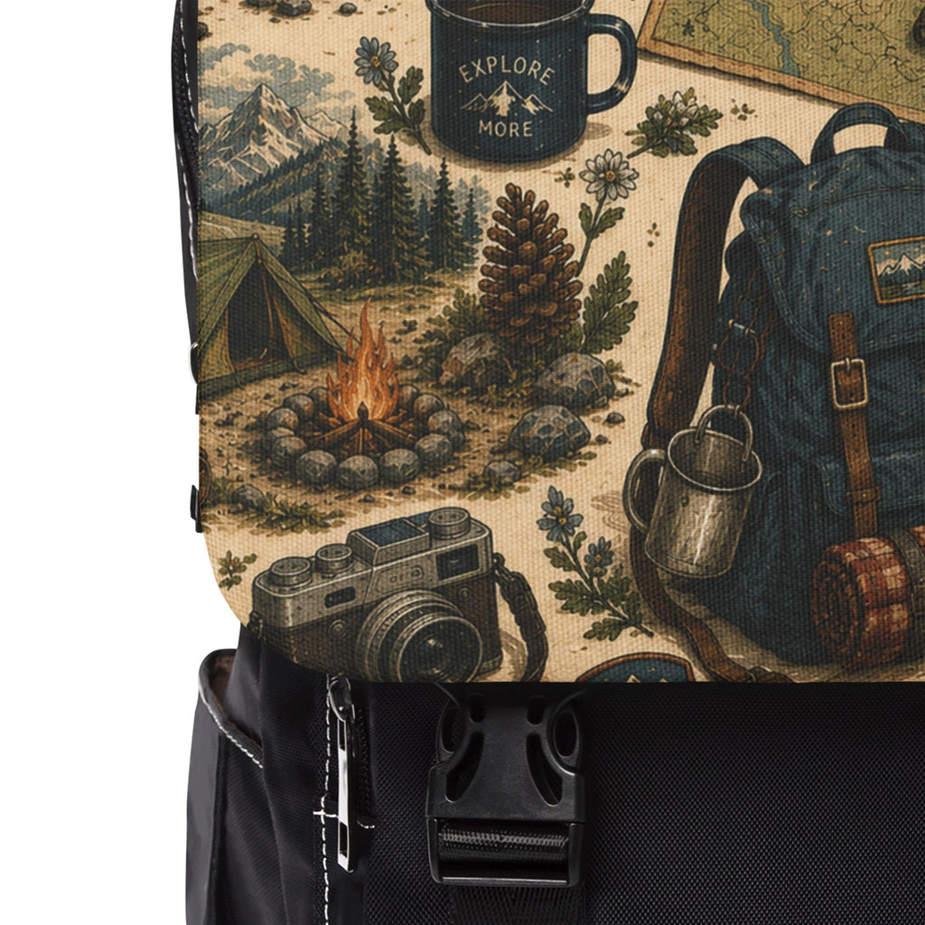 Vintage Camping Adventure Shoulder Backpack — Outdoor Travel Rucksack with Patchwork Gear Print