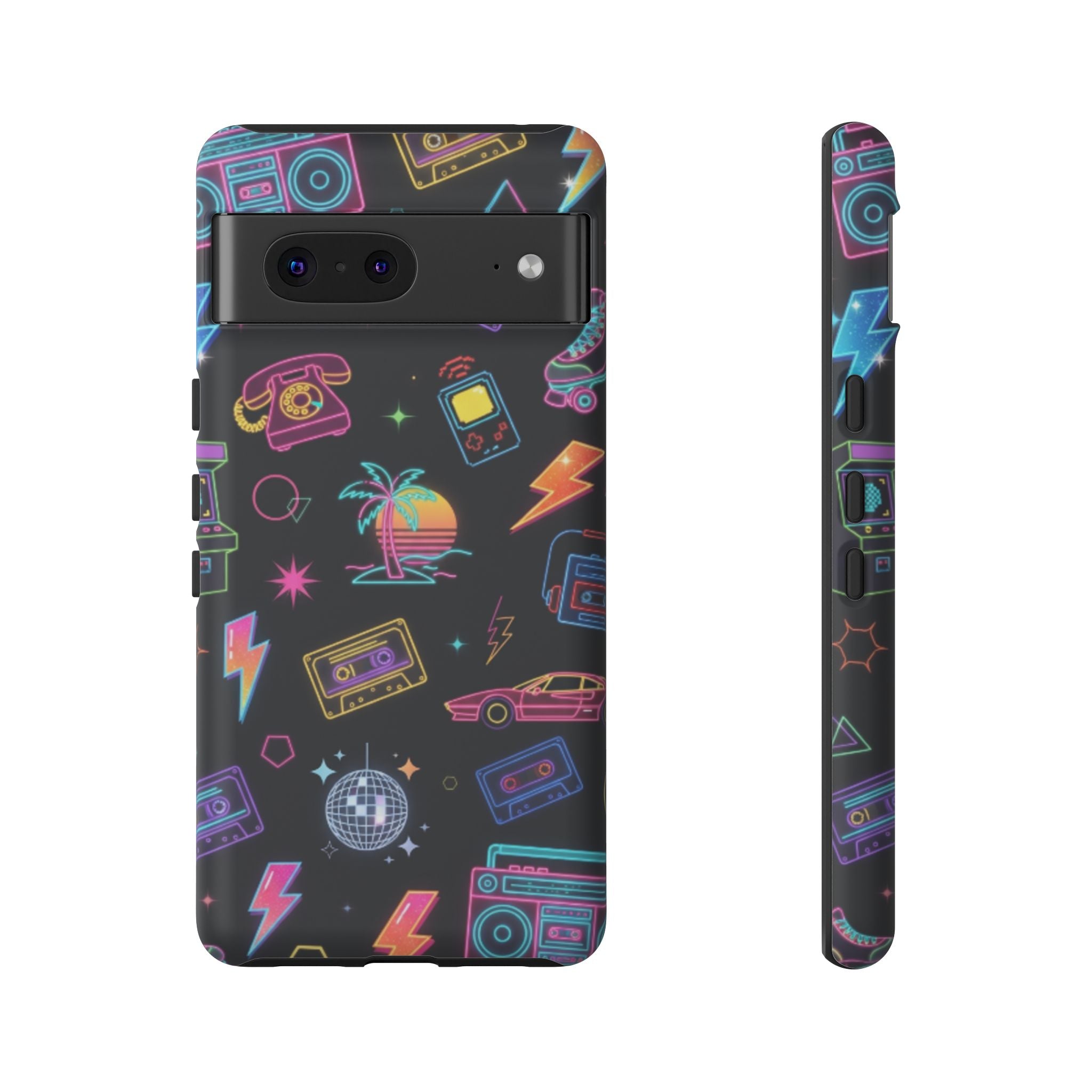 Retro Neon 80s Phone Case — Cassette, Roller Skate & Palm Tree Pattern