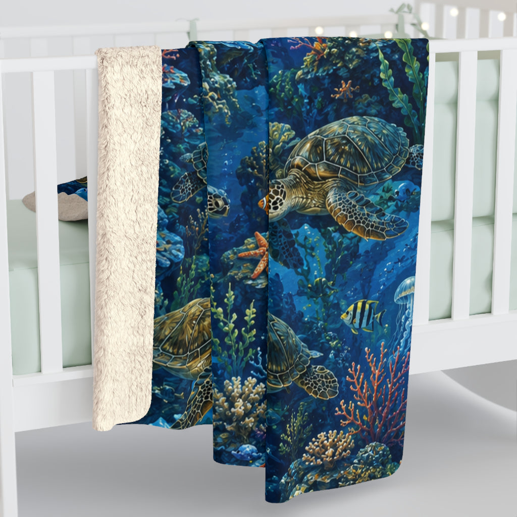 Sea Turtle Sherpa Blanket — Ocean Reef Fleece Throw