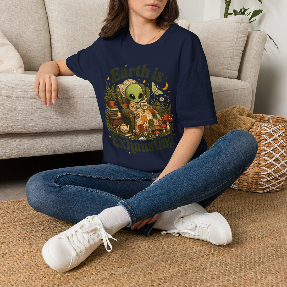 Earth Is Exhausting Alien T-Shirt — Cute Retro Cozy Space Graphic Tee