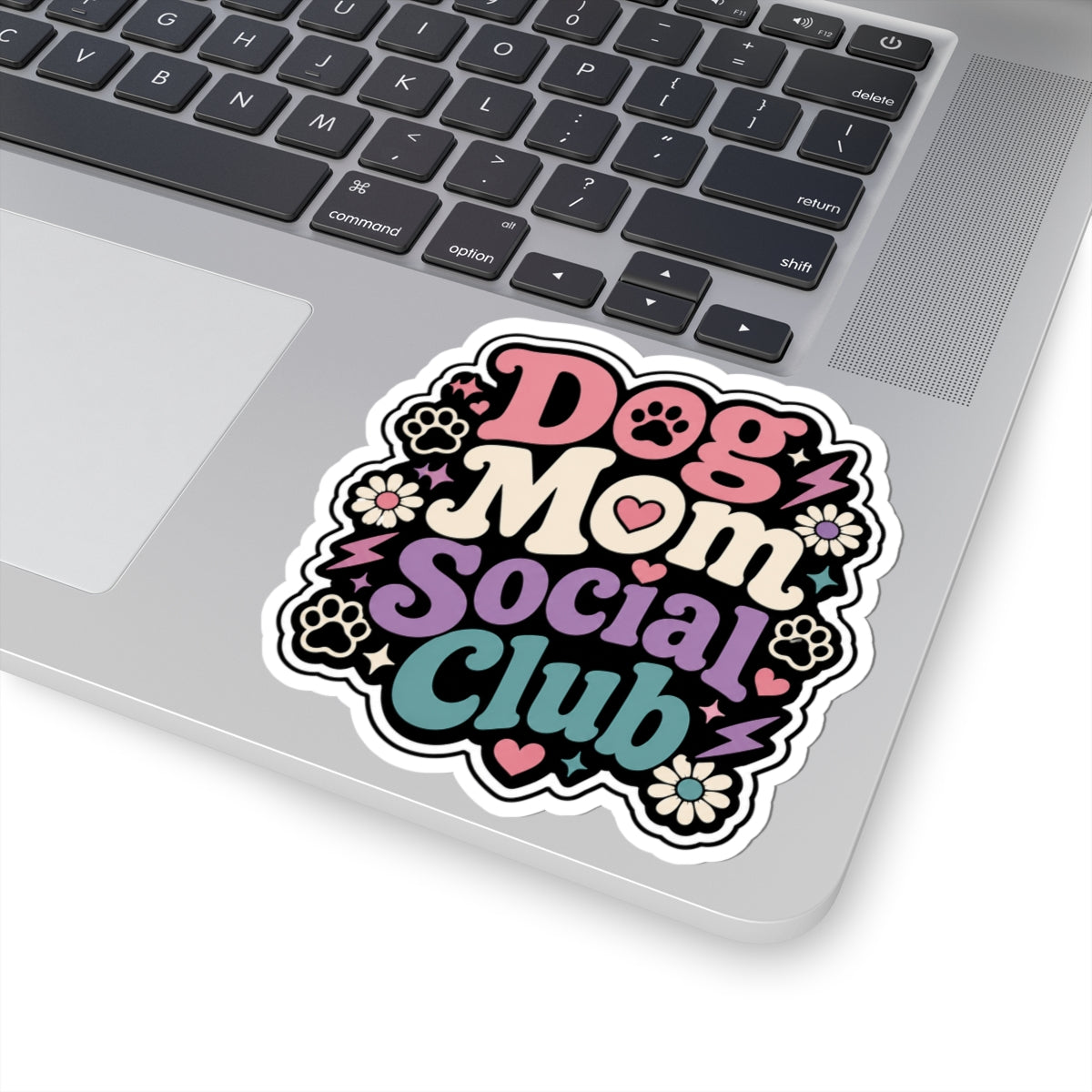 Dog Mom Social Club Sticker — Retro Floral Paw Print Kiss-Cut Sticker