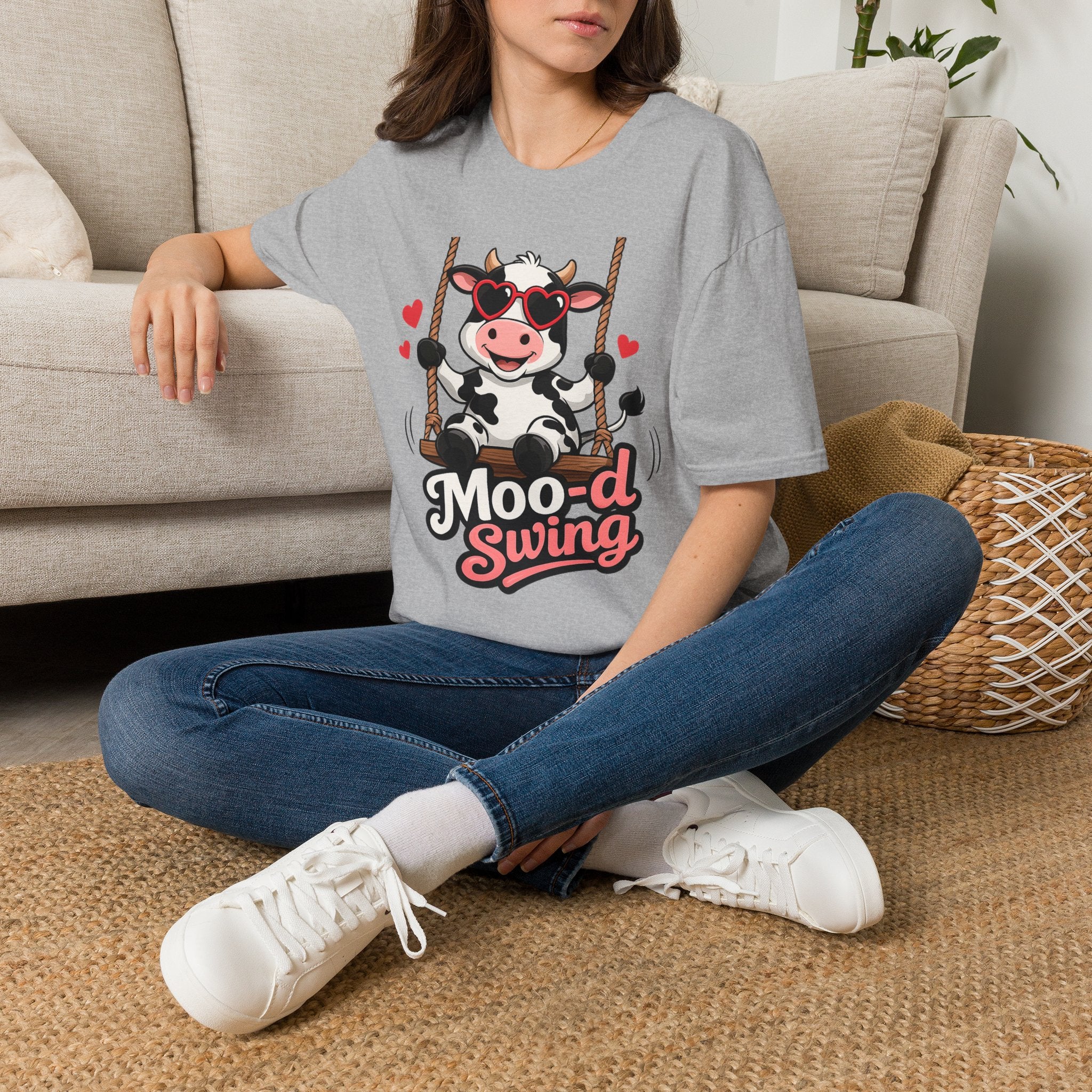 T-Shirt - "Moo-d Swing" Cute Cow on Swing Graphic Tee