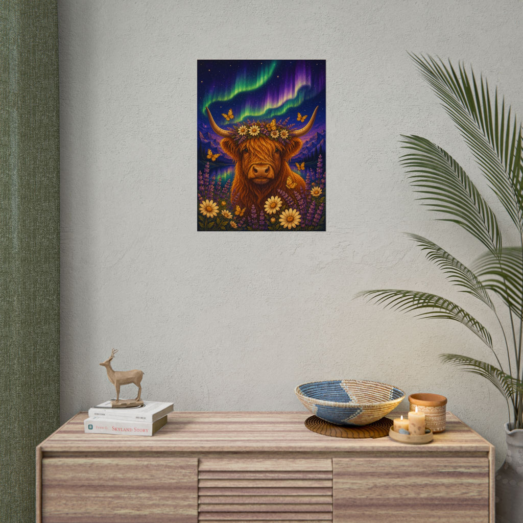 Highland Cow Aurora Sky Poster — Floral Highland Cattle Wall Art