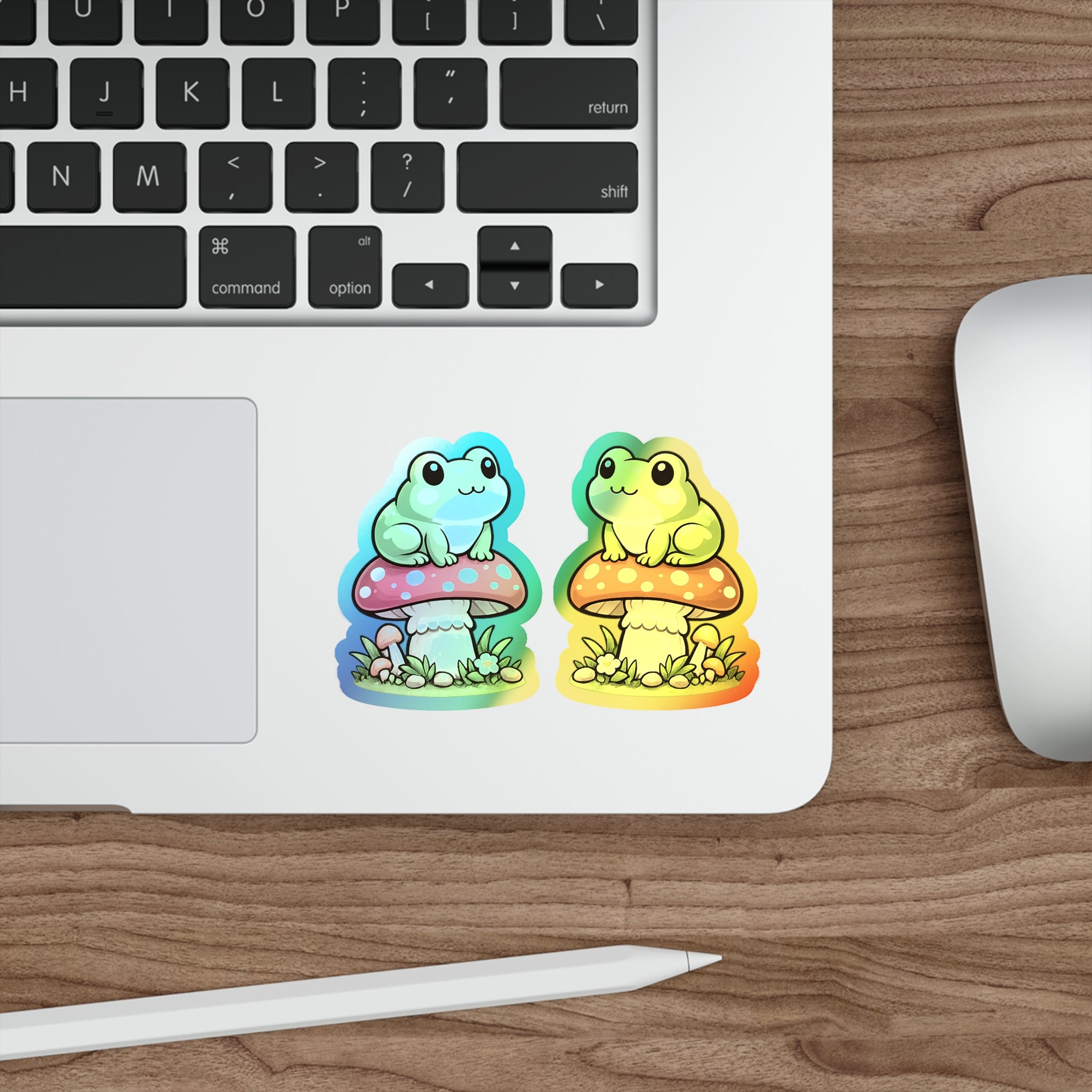 Holographic Frog on Mushroom Die-Cut Sticker — Cute Kawaii Vinyl Decal