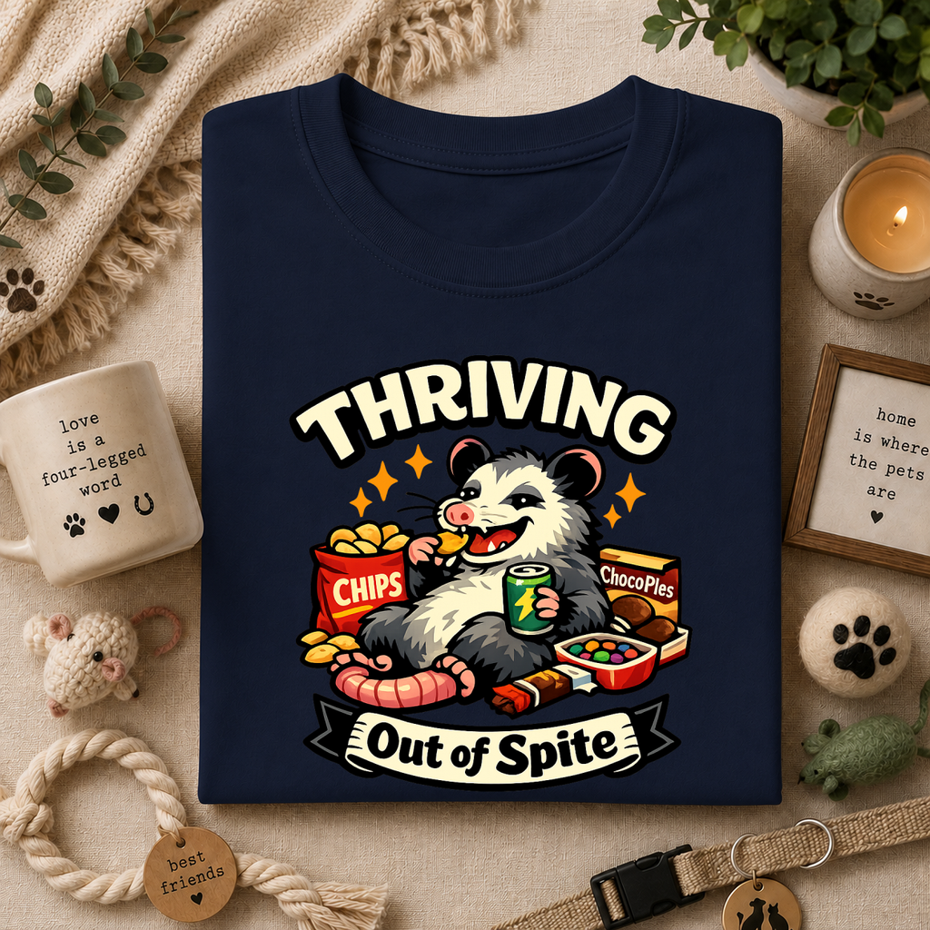 Thriving Possum T-Shirt — "Thriving Out of Spite" Funny Snack-Loving Design