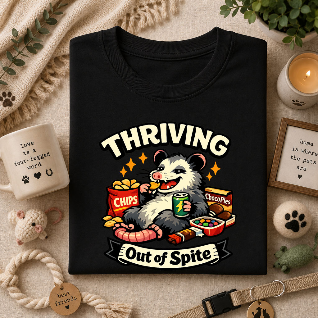 Thriving Possum T-Shirt — "Thriving Out of Spite" Funny Snack-Loving Design