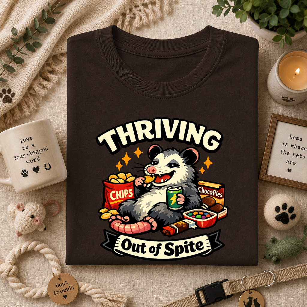 Thriving Possum T-Shirt — "Thriving Out of Spite" Funny Snack-Loving Design