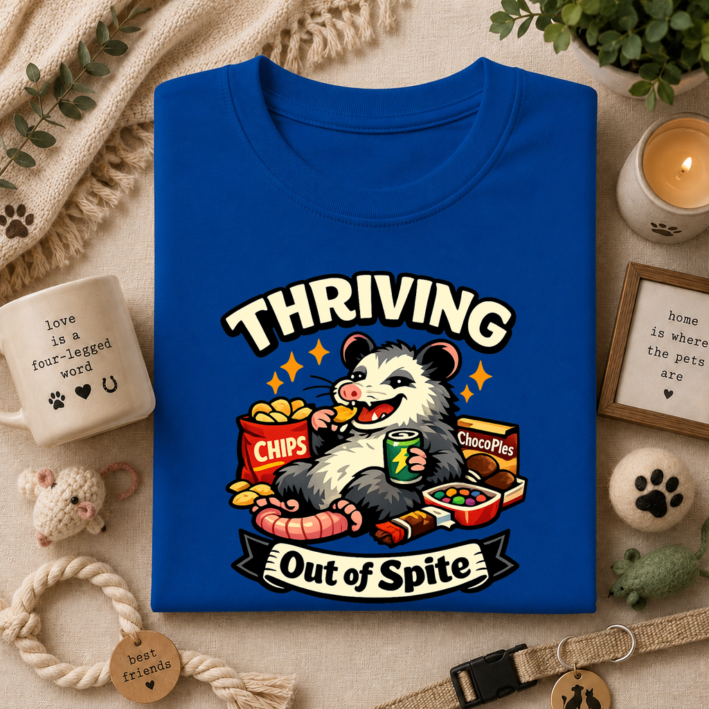 Thriving Possum T-Shirt — "Thriving Out of Spite" Funny Snack-Loving Design
