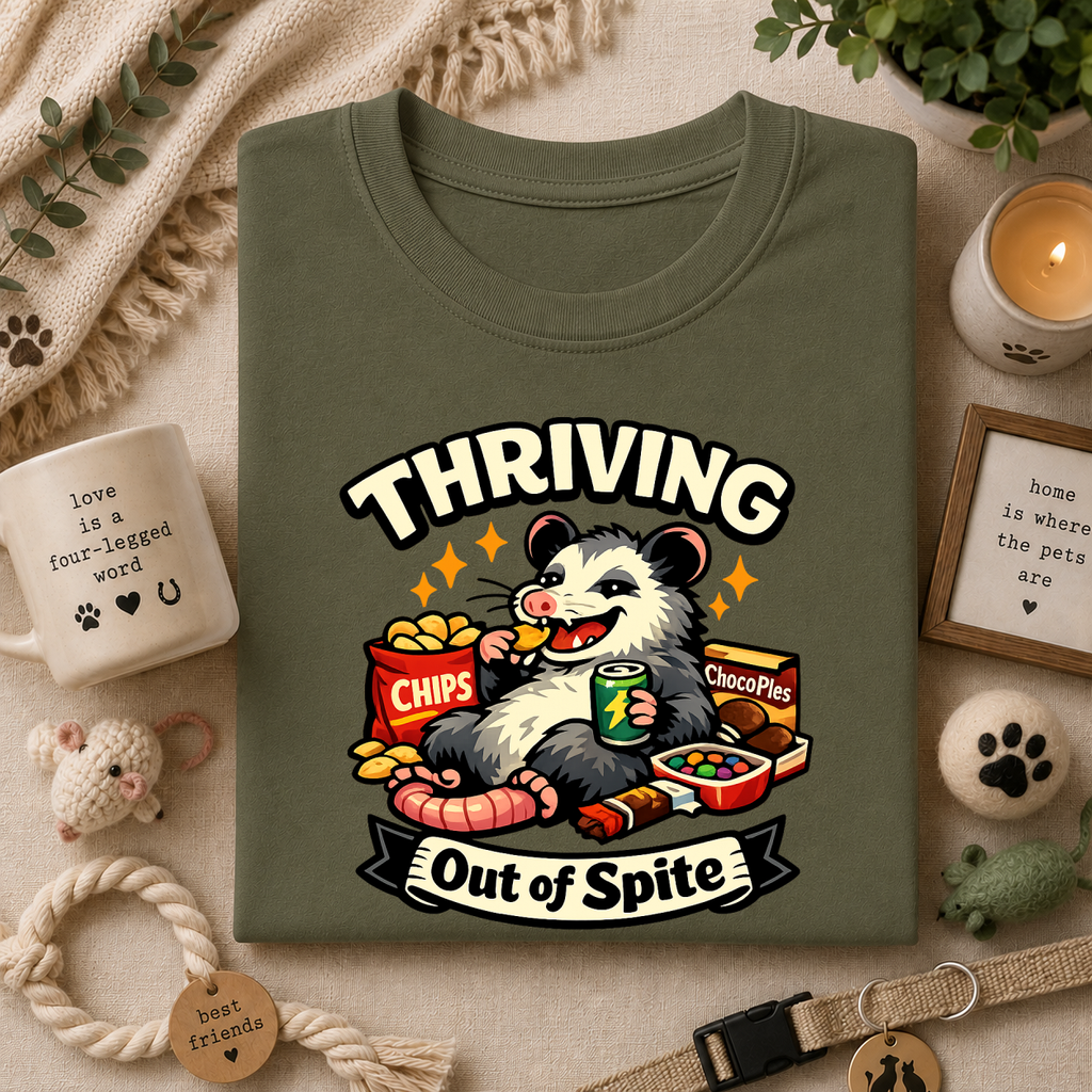 Thriving Possum T-Shirt — "Thriving Out of Spite" Funny Snack-Loving Design