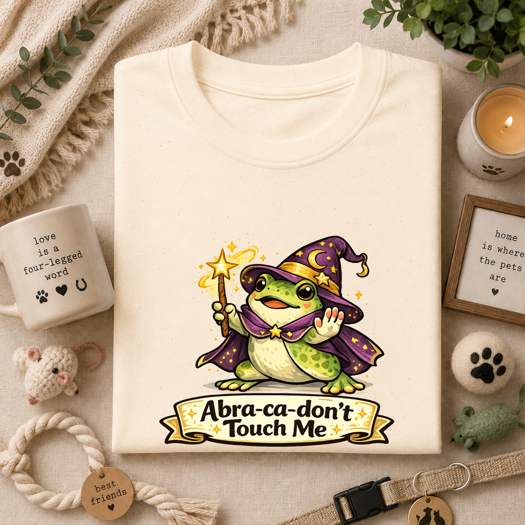 Wizard Frog T‑Shirt — “Abra‑ca‑don’t Touch Me” Cute Magic Tee