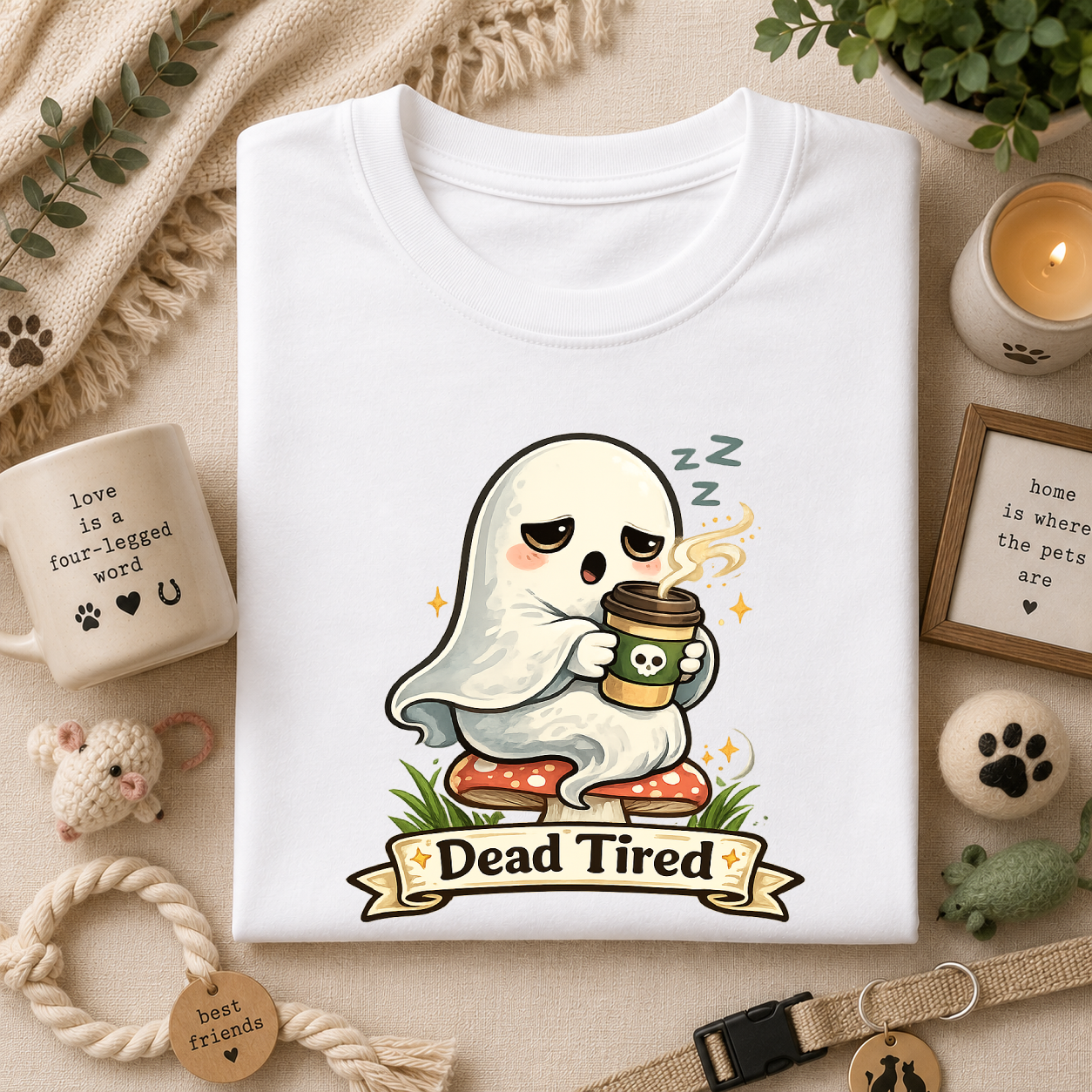 Ghost Coffee T‑Shirt — "Dead Tired" Cute Sleeping Ghost Tee