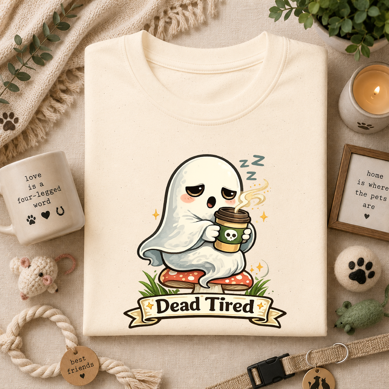 Ghost Coffee T‑Shirt — "Dead Tired" Cute Sleeping Ghost Tee
