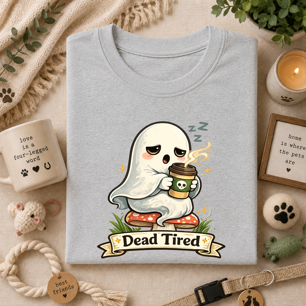 Ghost Coffee T‑Shirt — "Dead Tired" Cute Sleeping Ghost Tee