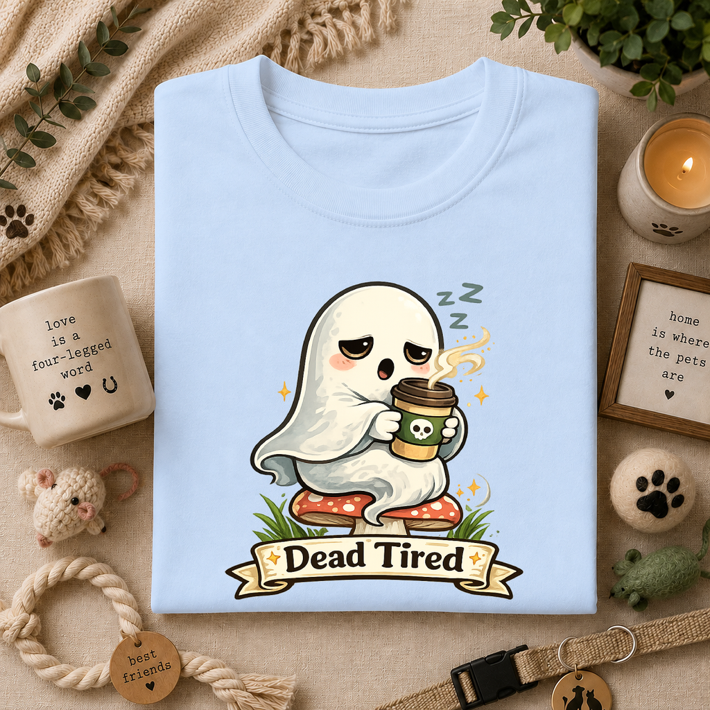 Ghost Coffee T‑Shirt — "Dead Tired" Cute Sleeping Ghost Tee