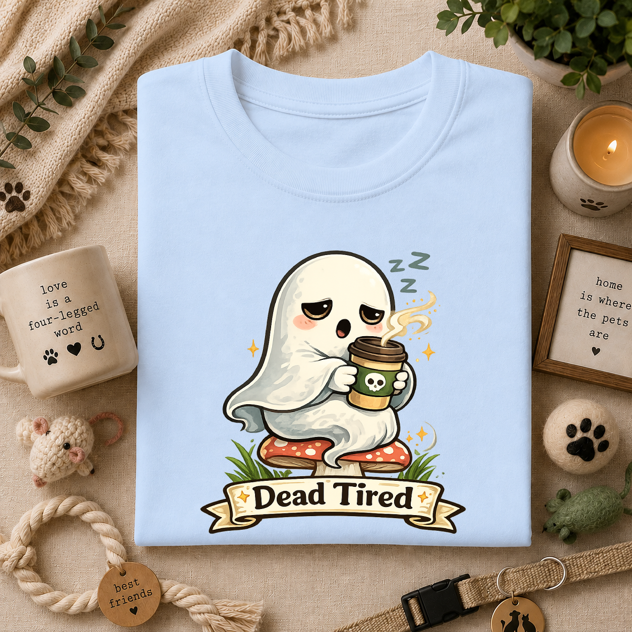 Ghost Coffee T‑Shirt — "Dead Tired" Cute Sleeping Ghost Tee