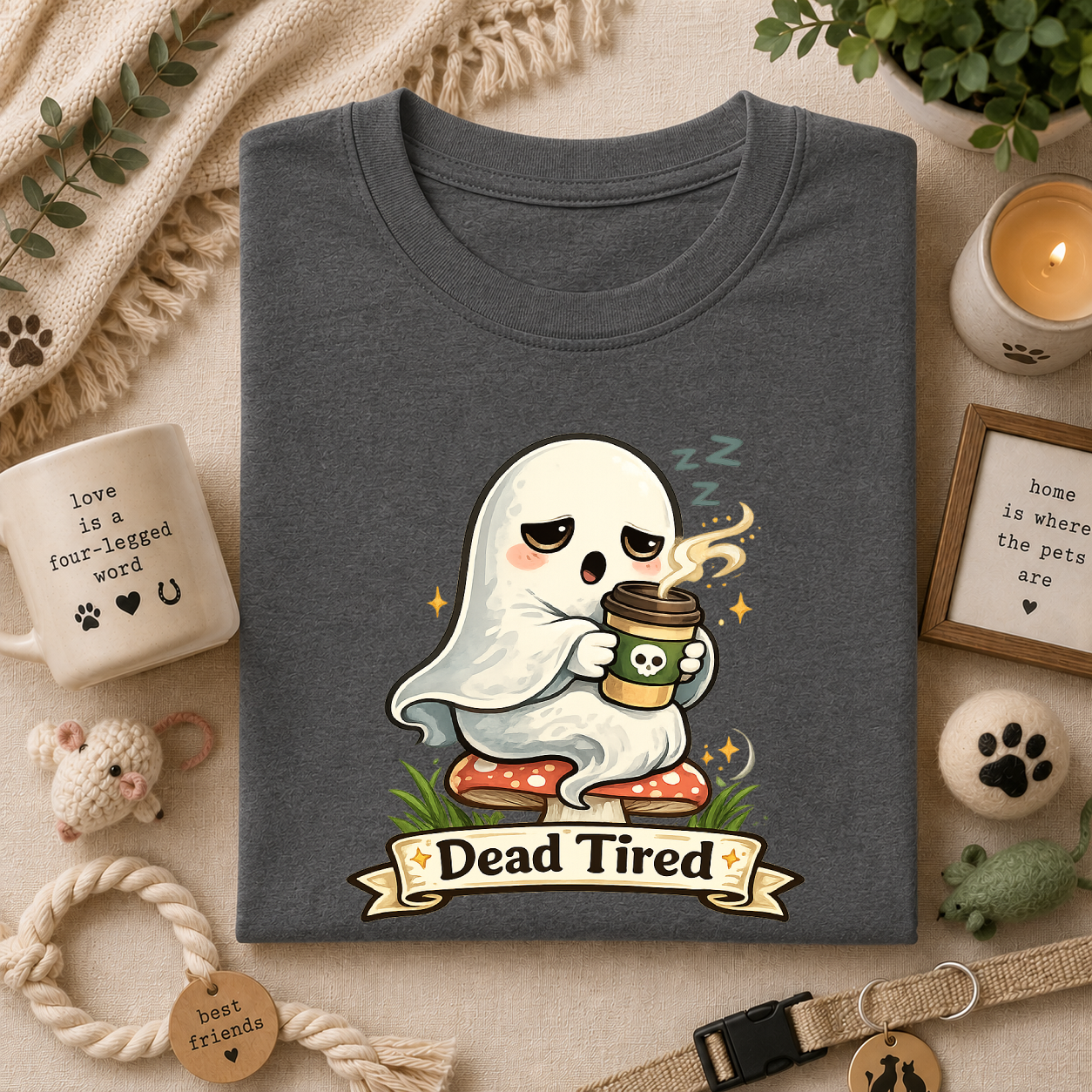 Ghost Coffee T‑Shirt — "Dead Tired" Cute Sleeping Ghost Tee