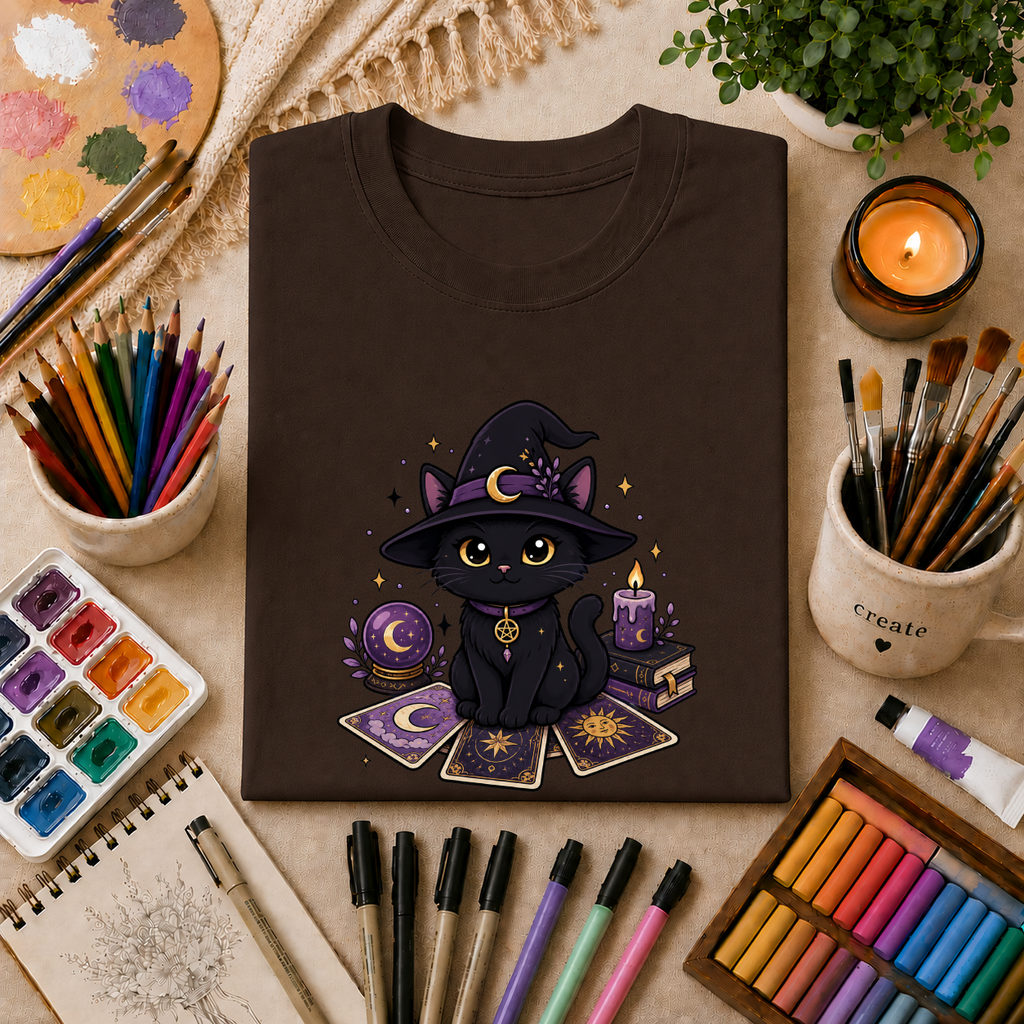 Tarot Cat T-Shirt — Cute Black Cat with Witch Hat & Tarot Candles