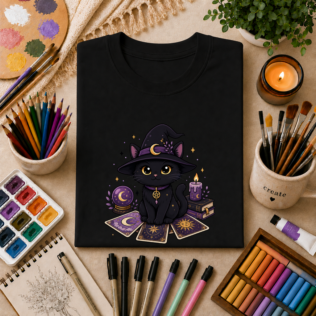 Tarot Cat T-Shirt — Cute Black Cat with Witch Hat & Tarot Candles
