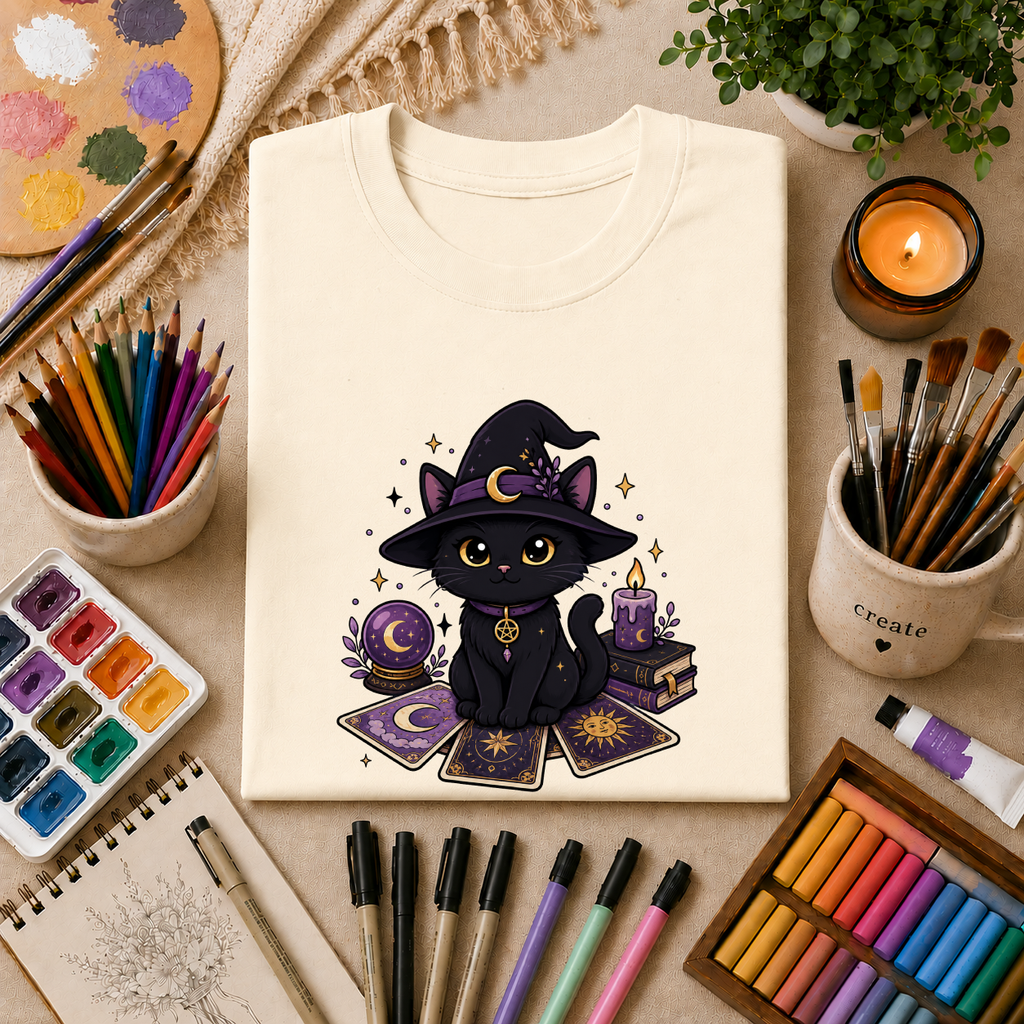 Tarot Cat T-Shirt — Cute Black Cat with Witch Hat & Tarot Candles