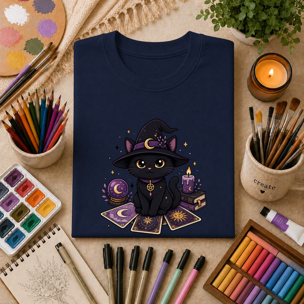 Tarot Cat T-Shirt — Cute Black Cat with Witch Hat & Tarot Candles