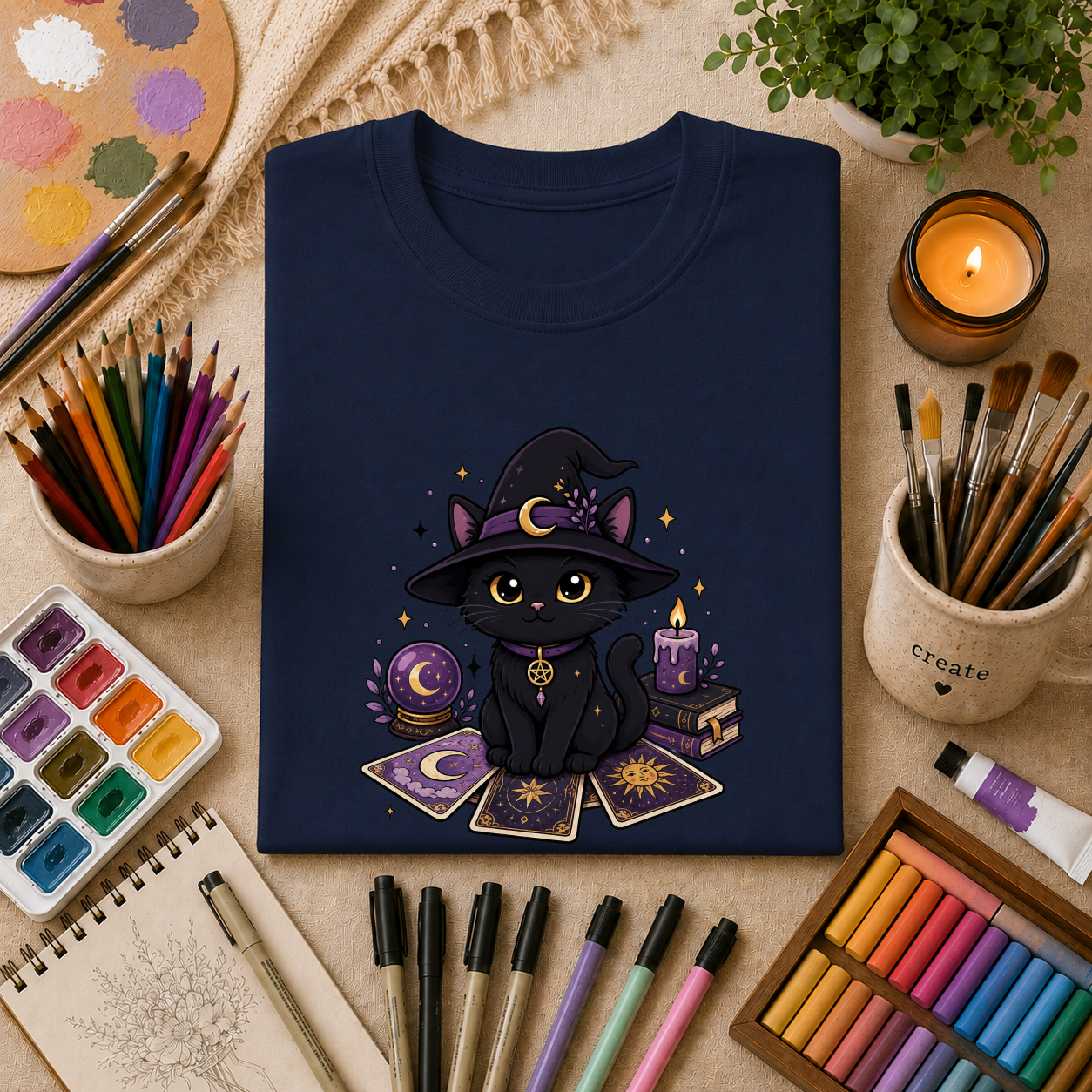 Tarot Cat T-Shirt — Cute Black Cat with Witch Hat & Tarot Candles