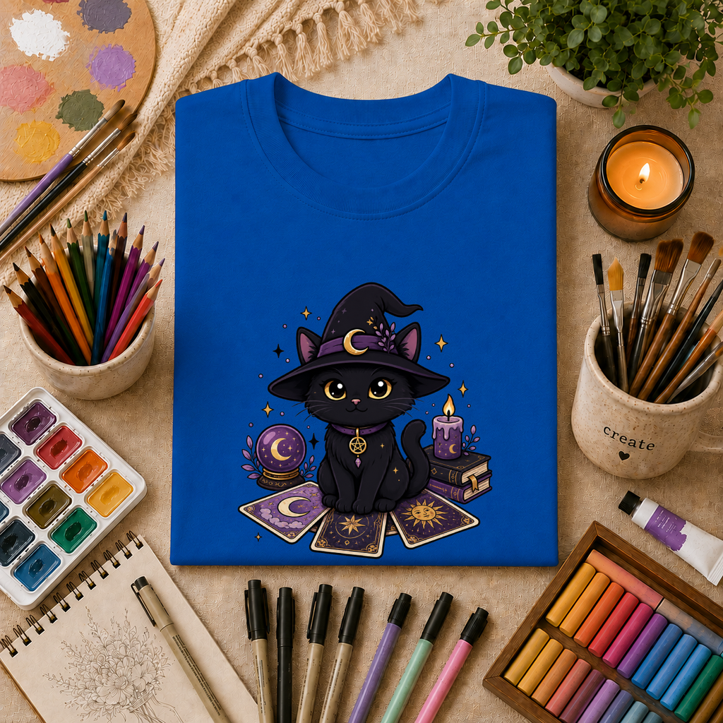 Tarot Cat T-Shirt — Cute Black Cat with Witch Hat & Tarot Candles