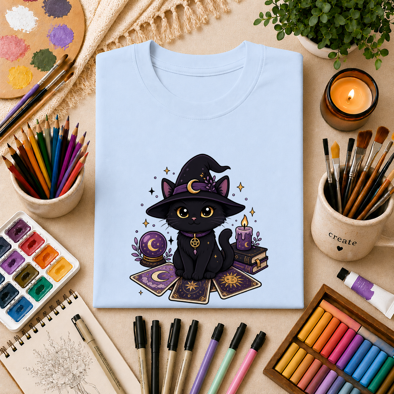 Tarot Cat T-Shirt — Cute Black Cat with Witch Hat & Tarot Candles