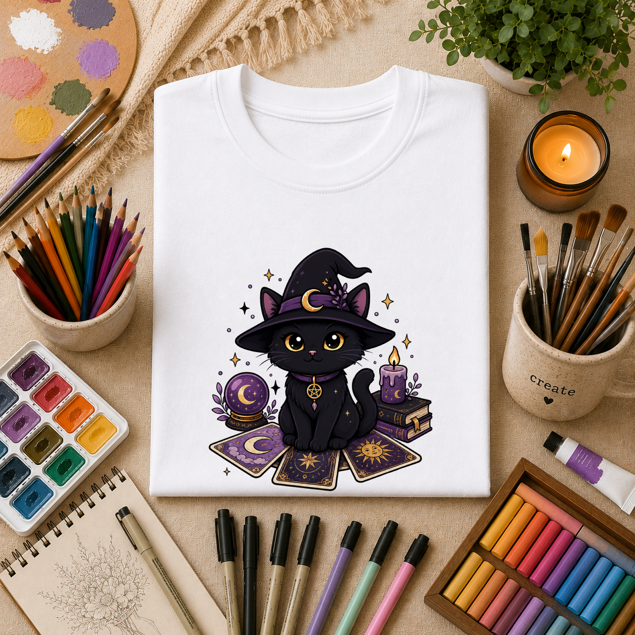 Tarot Cat T-Shirt — Cute Black Cat with Witch Hat & Tarot Candles