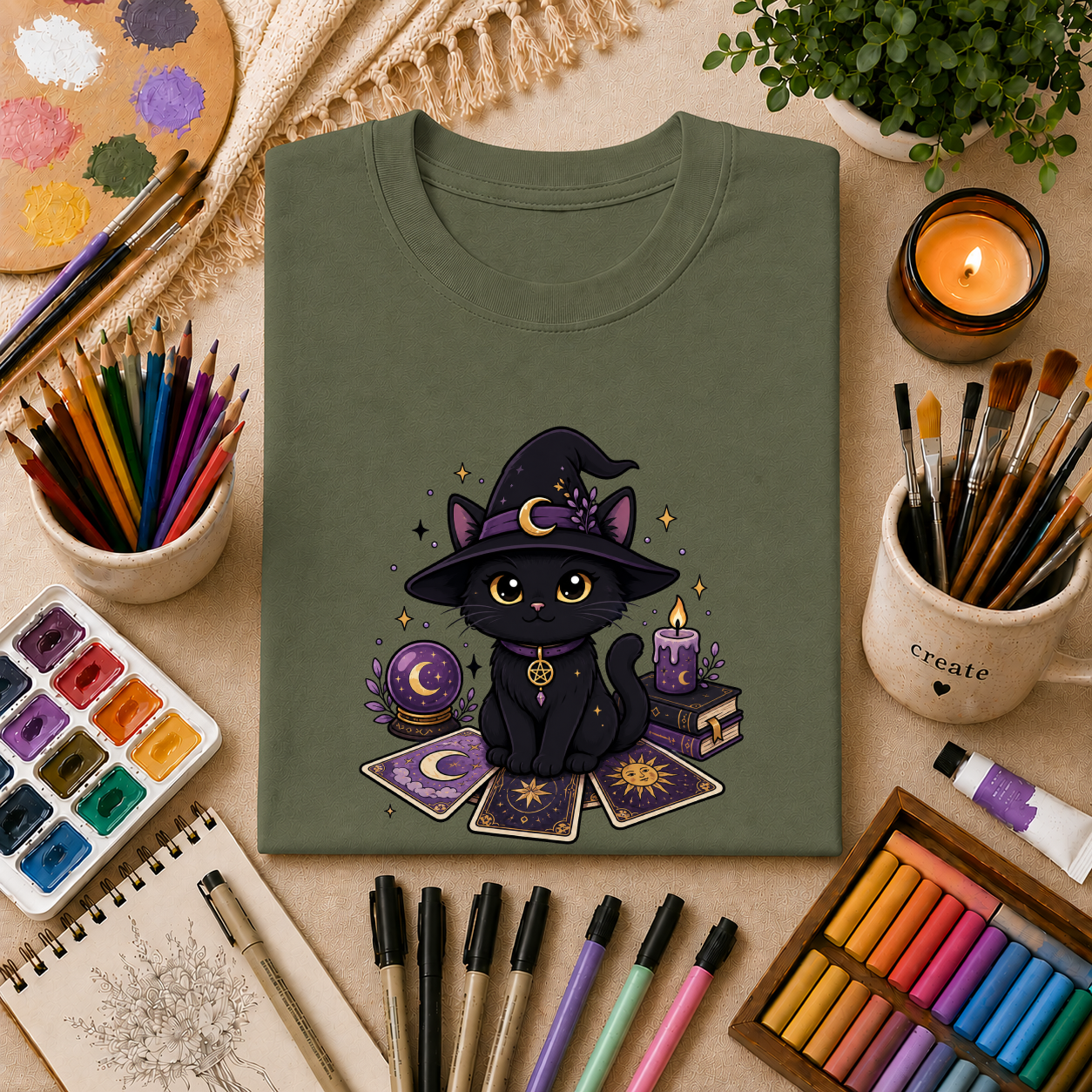 Tarot Cat T-Shirt — Cute Black Cat with Witch Hat & Tarot Candles