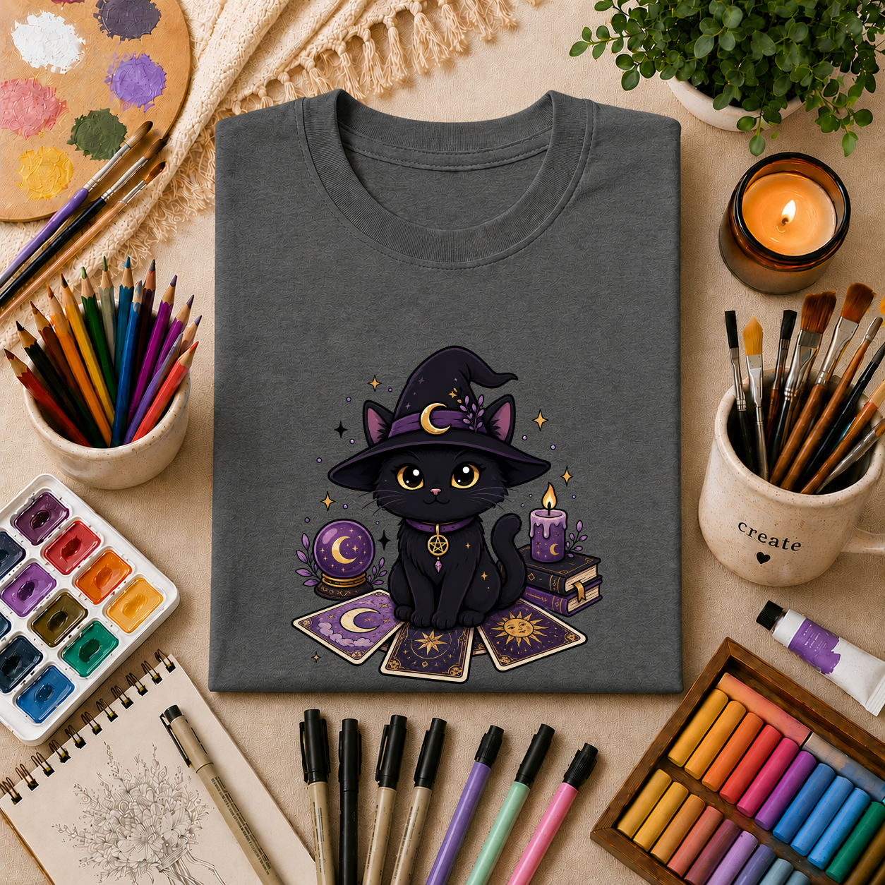 Tarot Cat T-Shirt — Cute Black Cat with Witch Hat & Tarot Candles