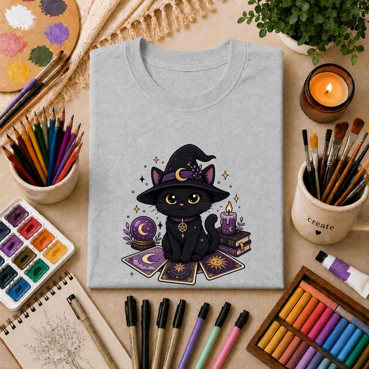 Tarot Cat T-Shirt — Cute Black Cat with Witch Hat & Tarot Candles