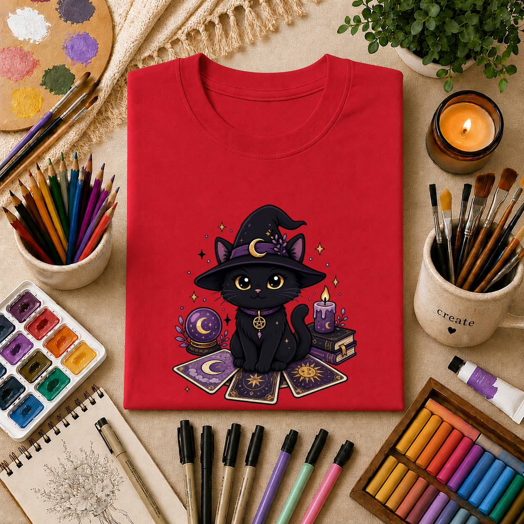 Tarot Cat T-Shirt — Cute Black Cat with Witch Hat & Tarot Candles